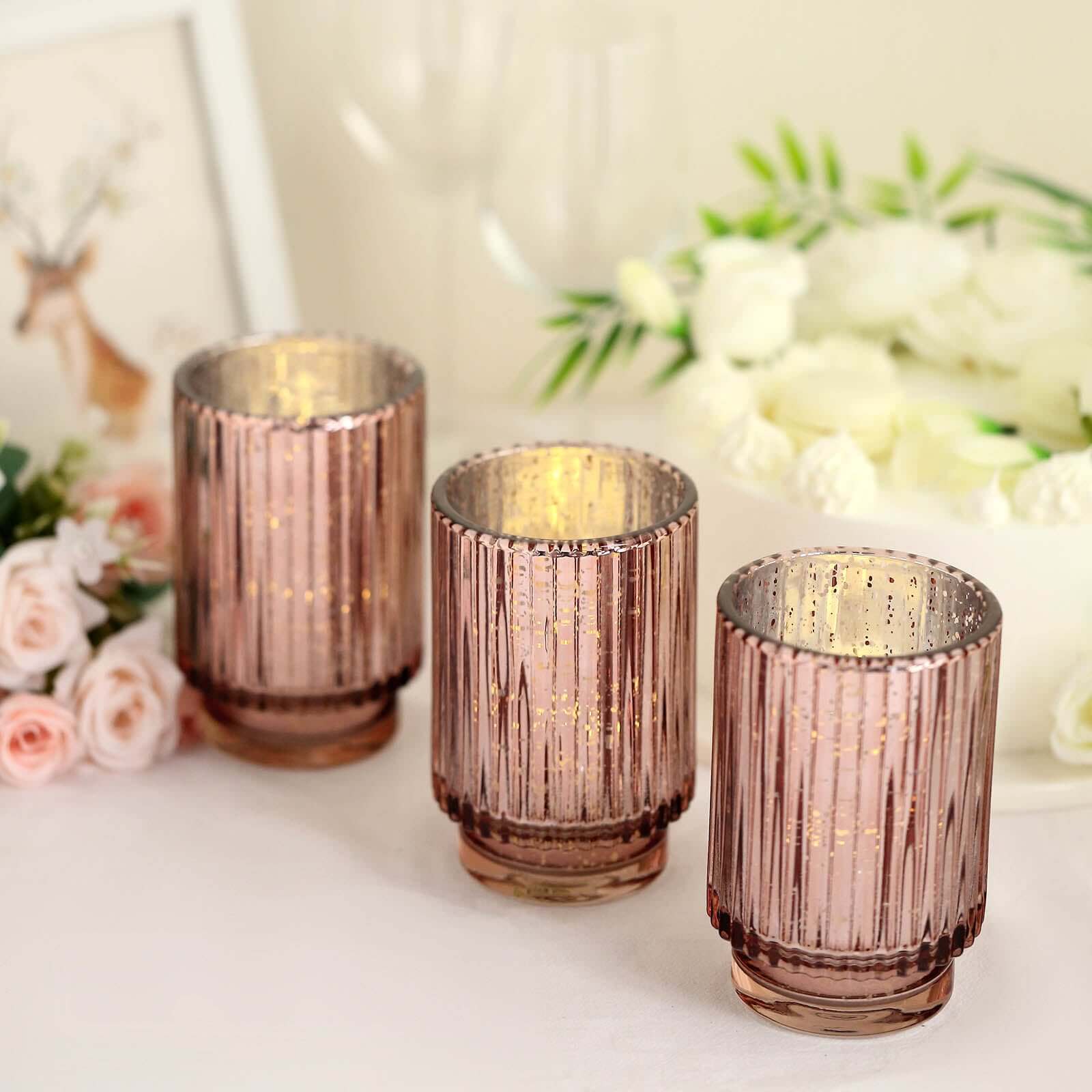 3-Pack Mercury Glass Hurricane Candle Holders Rose Gold Wavy Column Design - Votive Pillar Vase 5"
