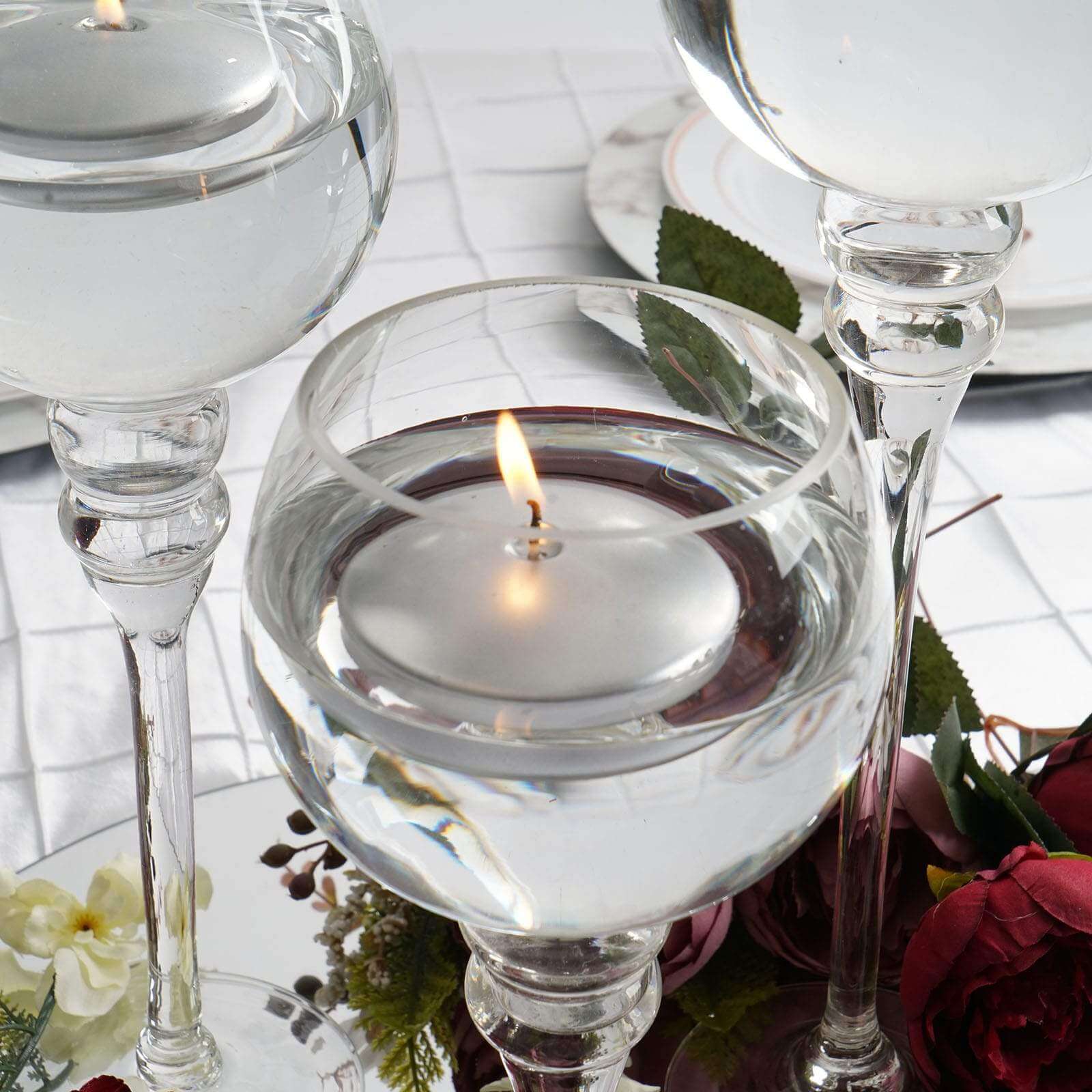 4 Pack 3" Metallic Silver Disc Unscented Floating Candles, Dripless
