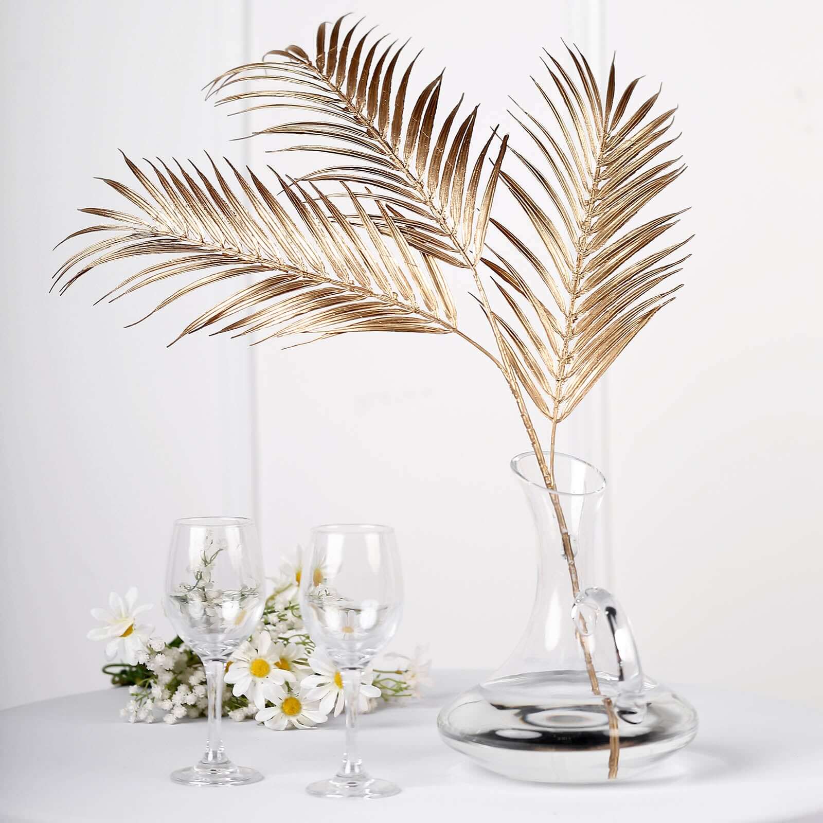2 Stems Artificial Palm Leaf Branch Metallic Gold - Tropical Faux Stems Vase Filler Floral Backdrop Table Decor 32"