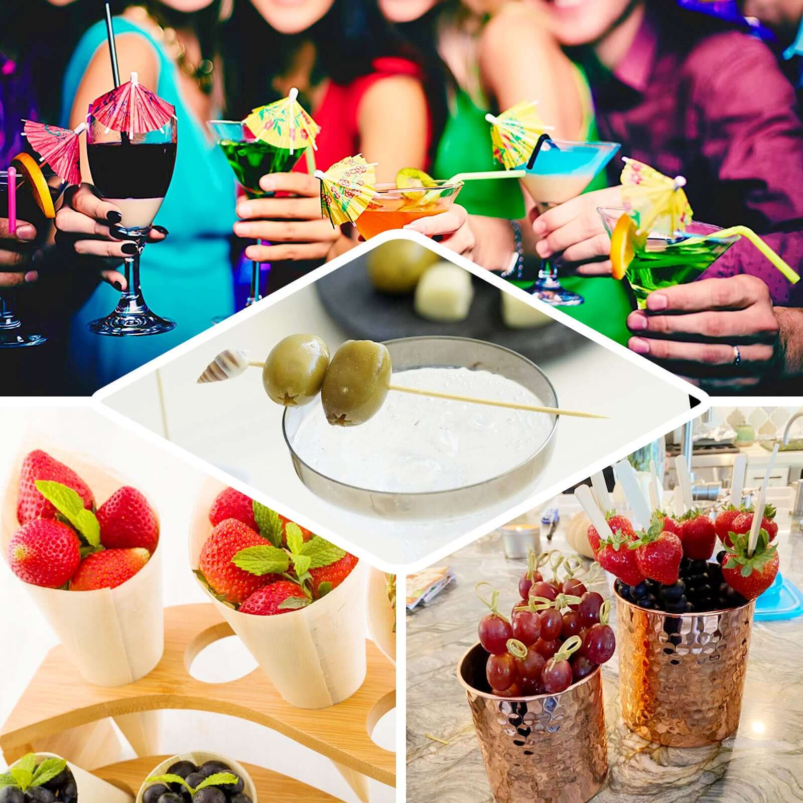 100-Pack Bamboo Cocktail Sticks Tropical Leaf Decorative Top Design - Eco Friendly Party Picks 5"