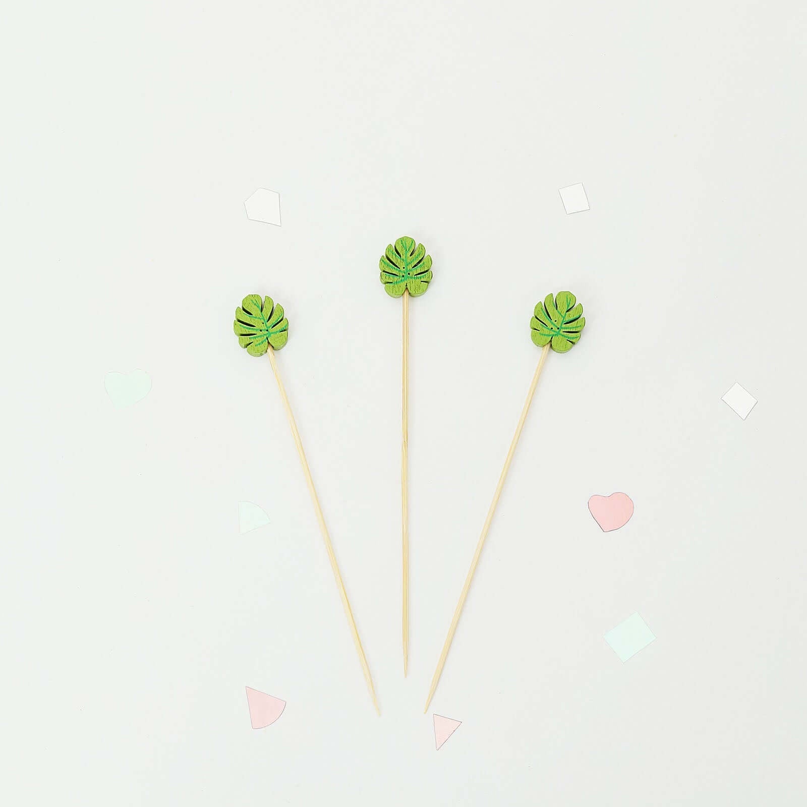 100-Pack Bamboo Cocktail Sticks Tropical Leaf Decorative Top Design - Eco Friendly Party Picks 5"