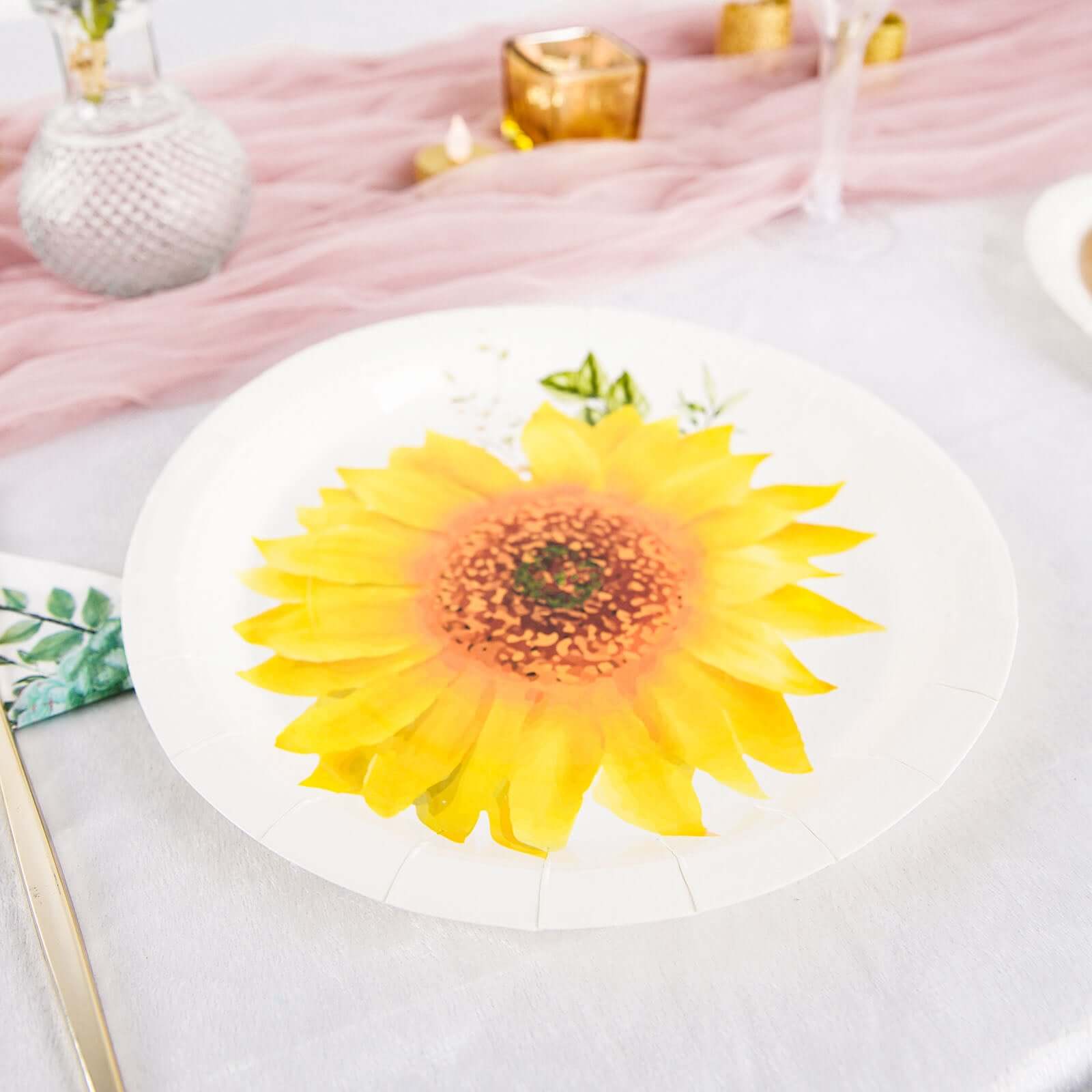 25-Pack Paper 9" Round Dinner Plates in White with Sunflower Design - Disposable Party Plates for Rustic Events & Garden Themes