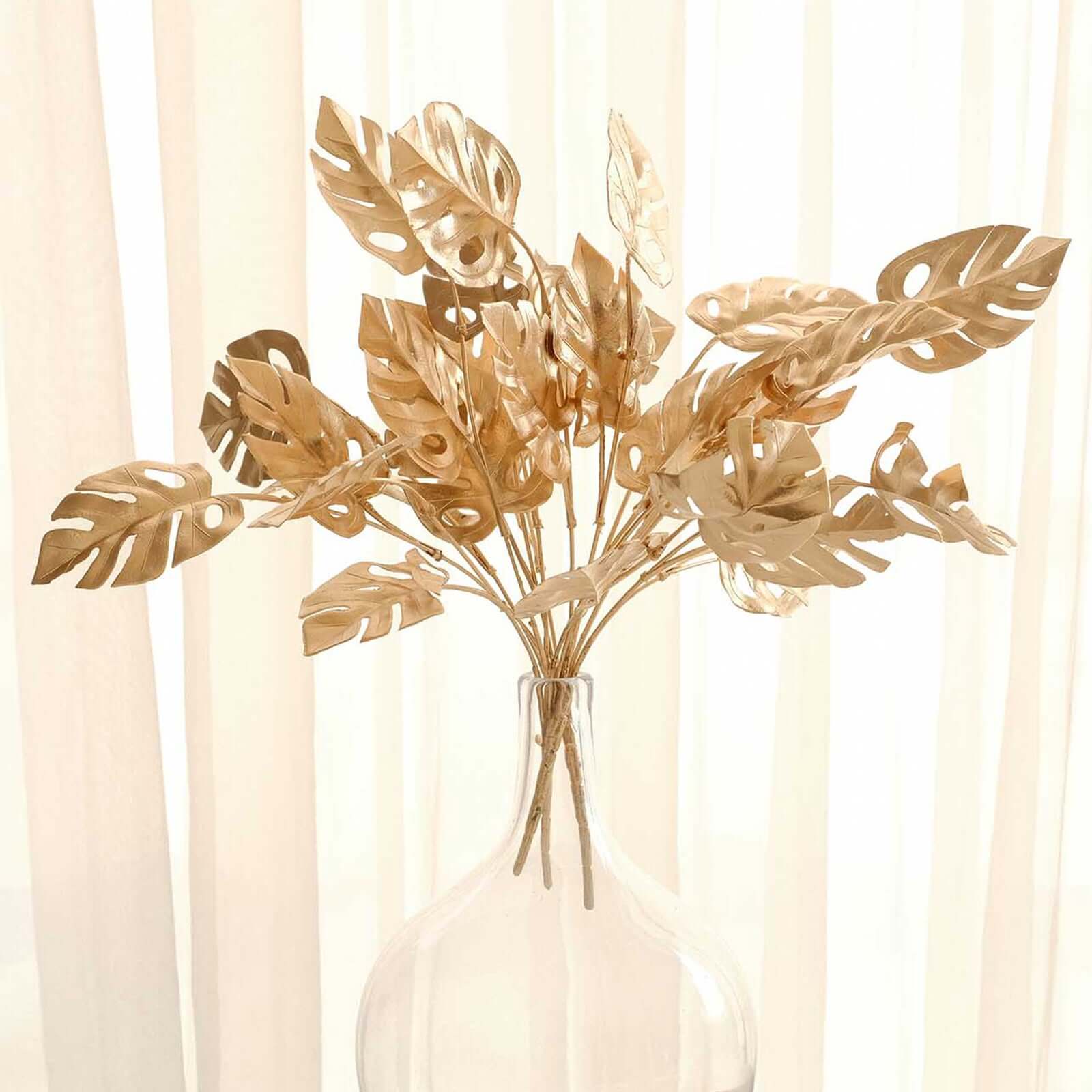 4-Pack Artificial Monstera Leaves Bushes Metallic Gold - Chic Faux Palm Leaf Decor Vase Filler for Hawaiian Jungle Tropical Themed Weddings Parties & Events 14"
