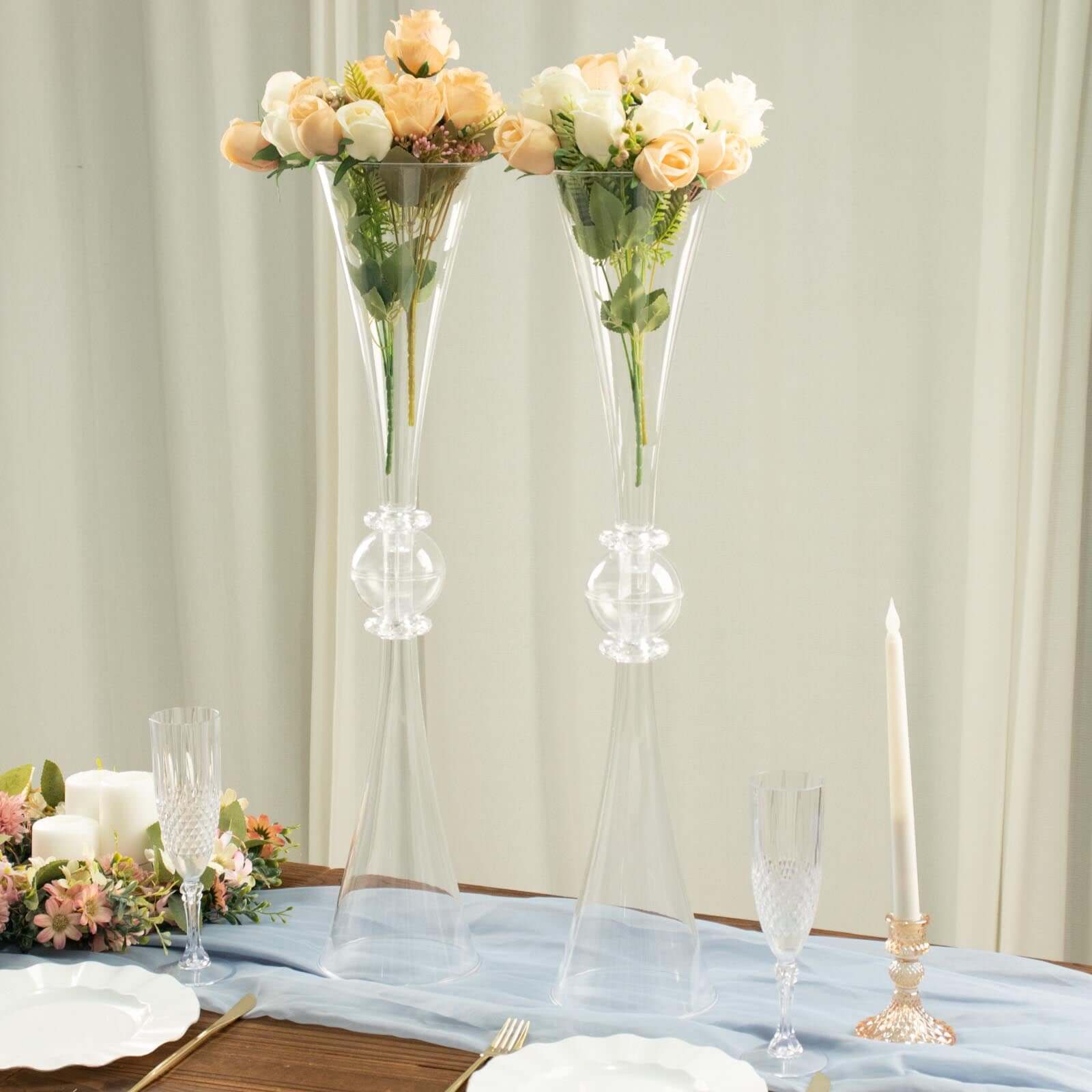 2-Pack Flower Vases Trumpet Design with Crystal Embellishments Clear - Reversible Plastic Centerpieces for Events 27"