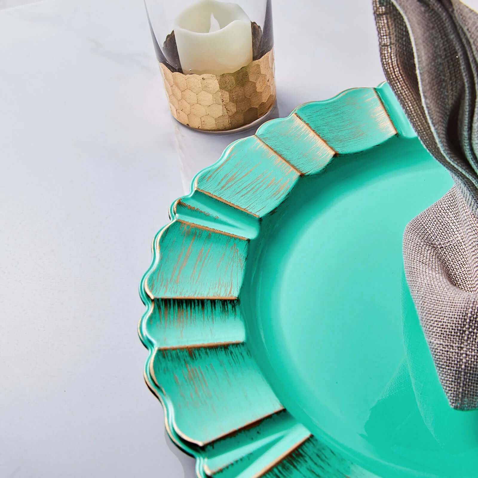 6-Pack Acrylic Plastic Round Charger Plates 13" in Turquoise with Gold Brushed Wavy Scalloped Rim, Decorative Dinner Party Charger Tableware