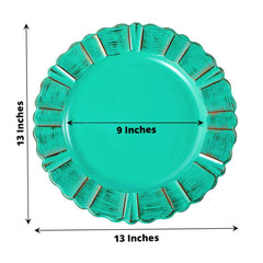 6-Pack Acrylic Plastic Round Charger Plates 13" in Turquoise with Gold Brushed Wavy Scalloped Rim, Decorative Dinner Party Charger Tableware