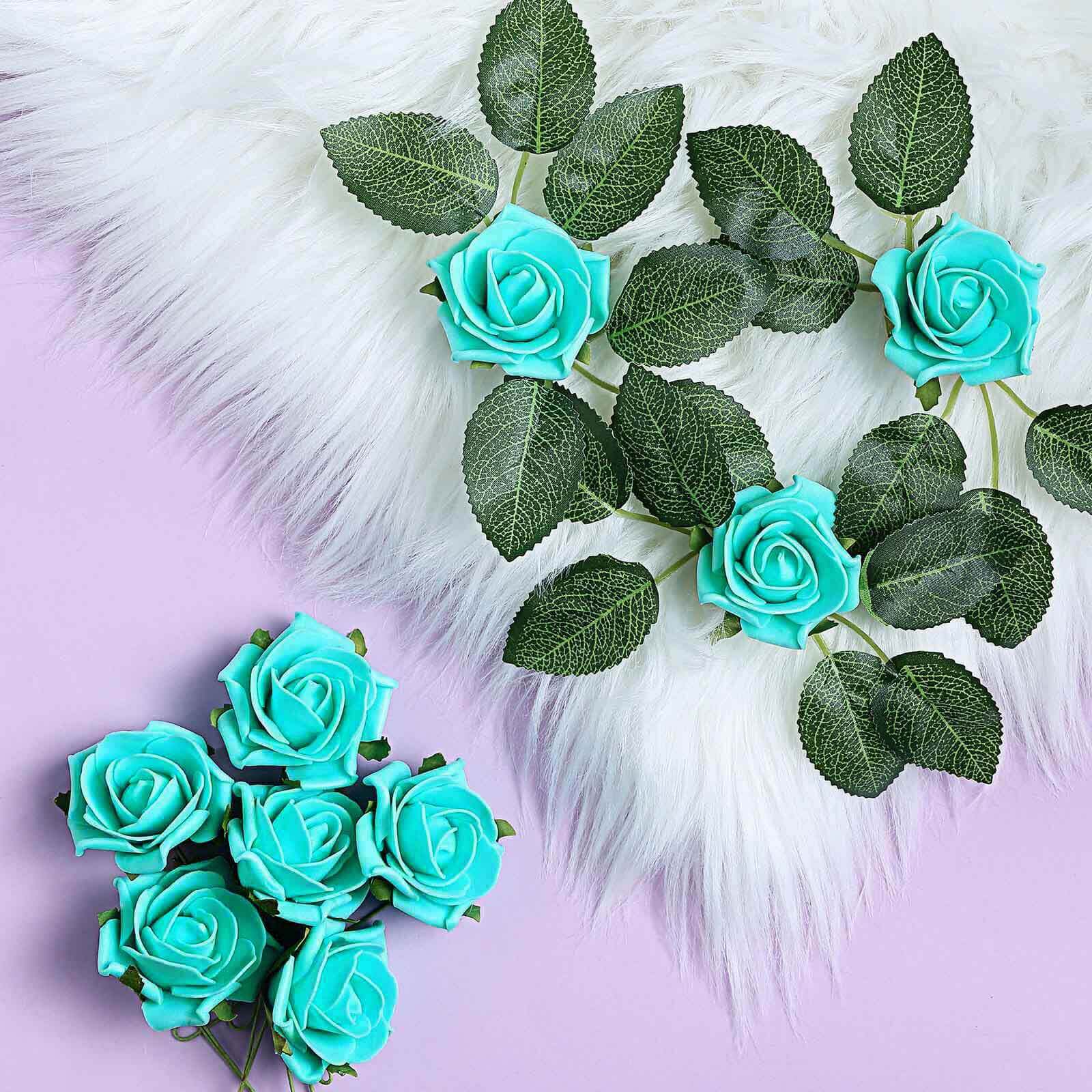24 Roses 2" Turquoise Artificial Foam Flowers With Stem Wire and Leaves