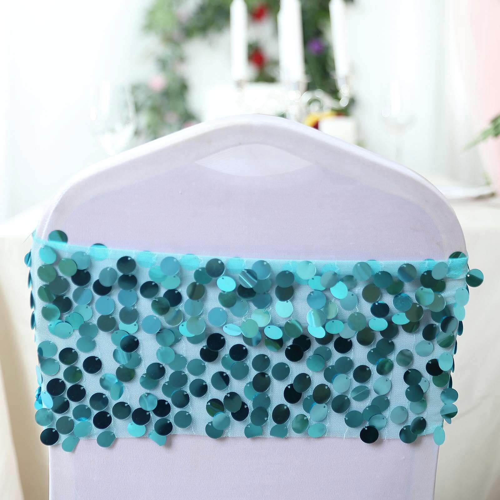 5 Pack Big Payette Sequin 13"x10" Chair Sash Bands Turquoise - Stylish Glittering Decor for Weddings & Gatherings