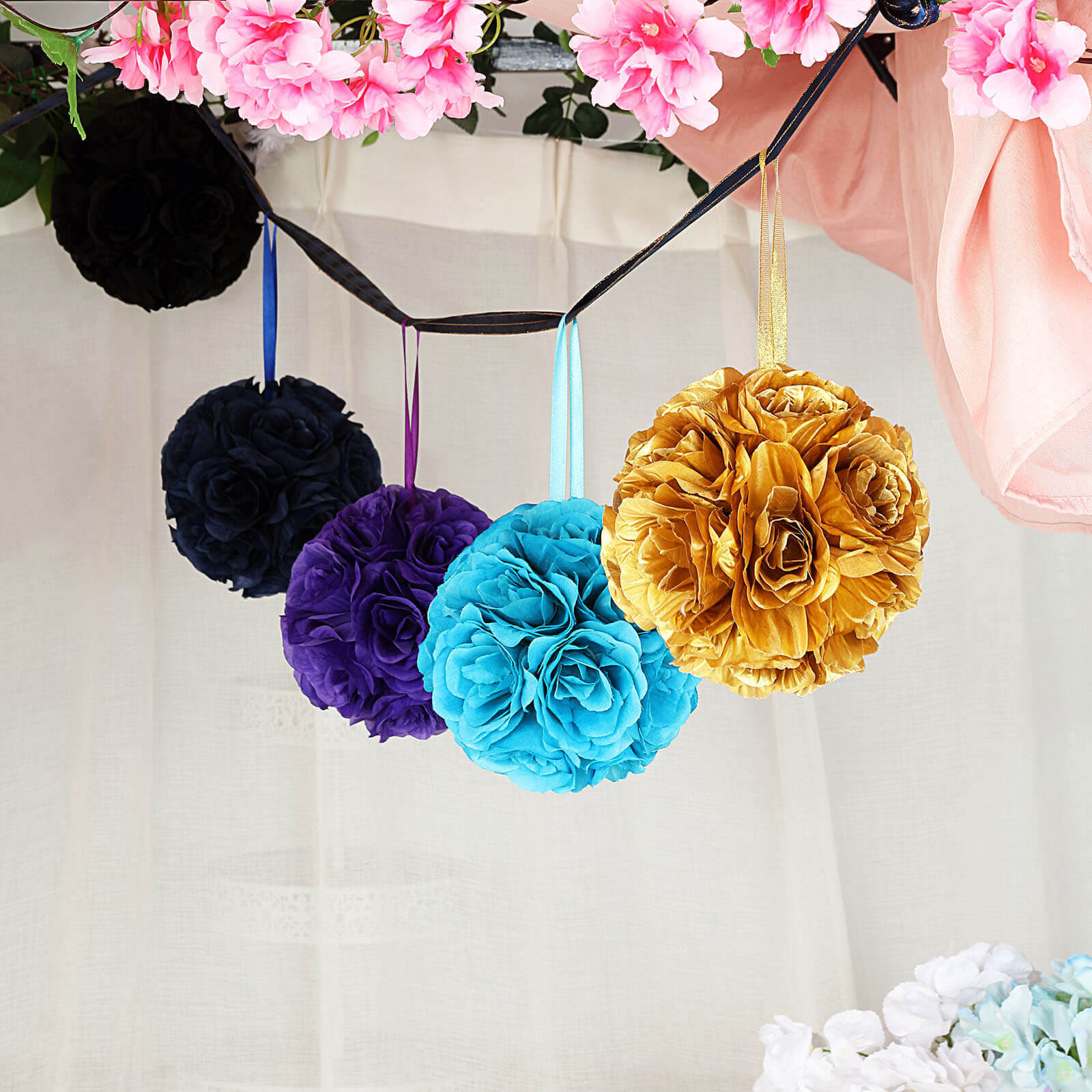 2 Pack 7" Turquoise Artificial Silk Rose Kissing Ball, Faux Flower Ball