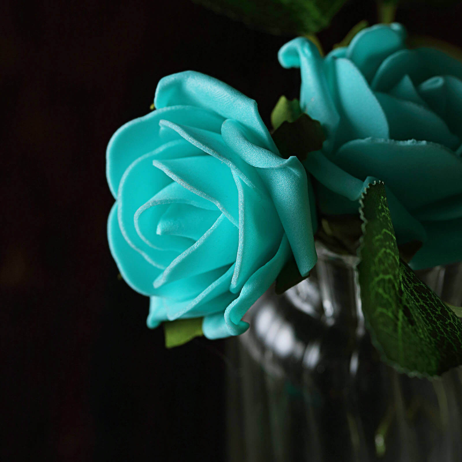 24 Roses 2" Turquoise Artificial Foam Flowers With Stem Wire and Leaves