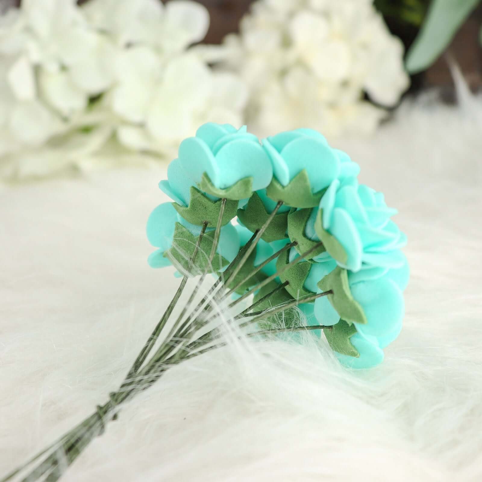 48 Roses 1" Turquoise Real Touch Artificial DIY Foam Rose Flowers With Stem, Craft Rose Buds