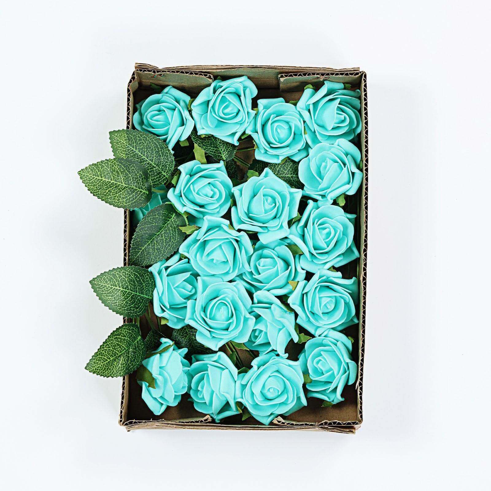 24 Roses 2" Turquoise Artificial Foam Flowers With Stem Wire and Leaves