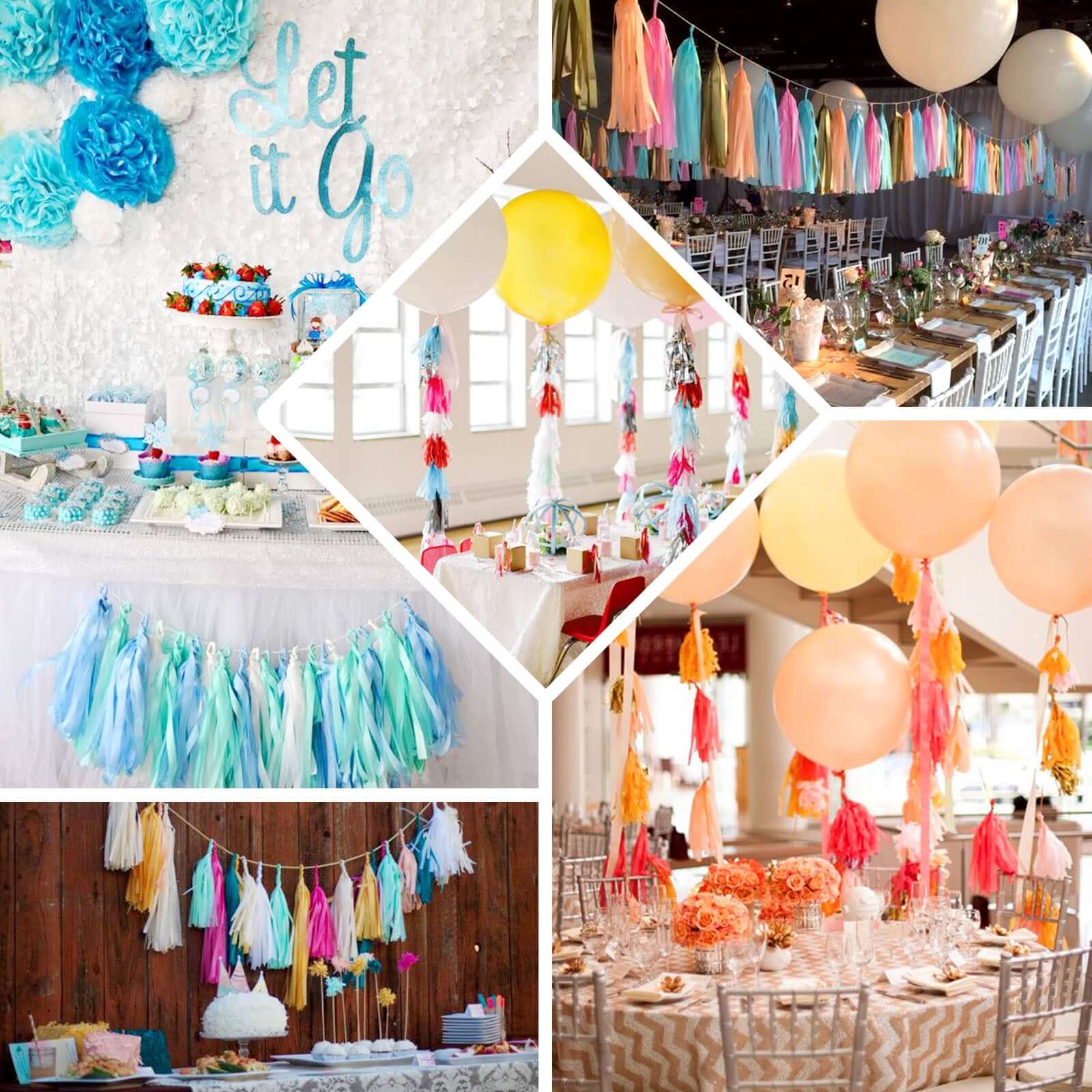 12 Pack Pre-Tied Turquoise Tissue Paper Tassel Garland With String, Hanging Fringe Party Streamer Backdrop Decor