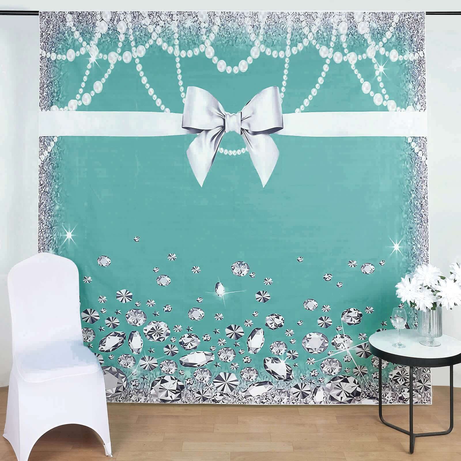 8ftx8ft Turquoise White Bow, Diamond Pearl Print Vinyl Photo Backdrop
