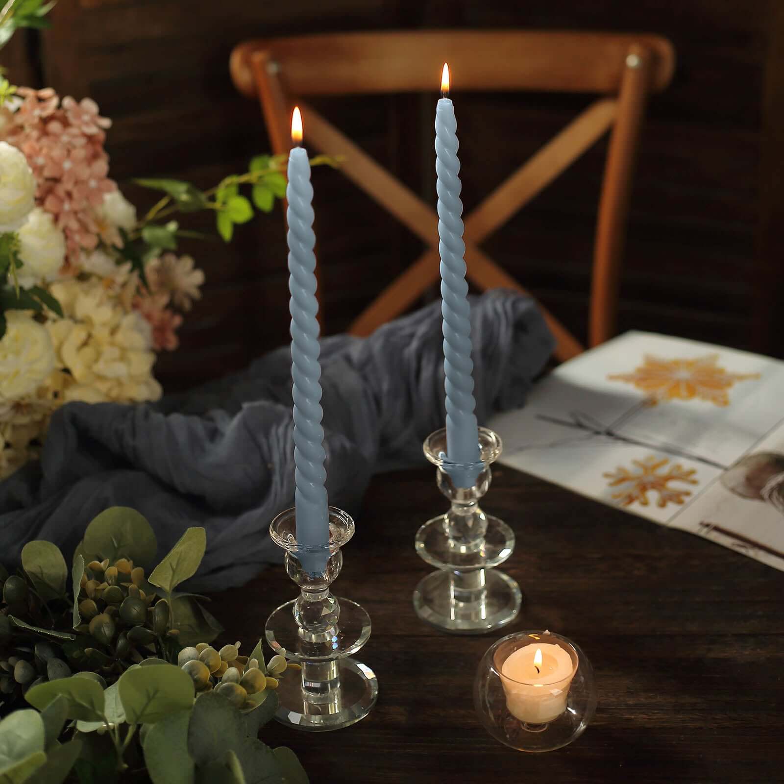 12-Pack Taper Candles Spiral Long Burn Wick Design Dusty Blue - Premium Unscented Wax Dinner Candle Sticks 11"