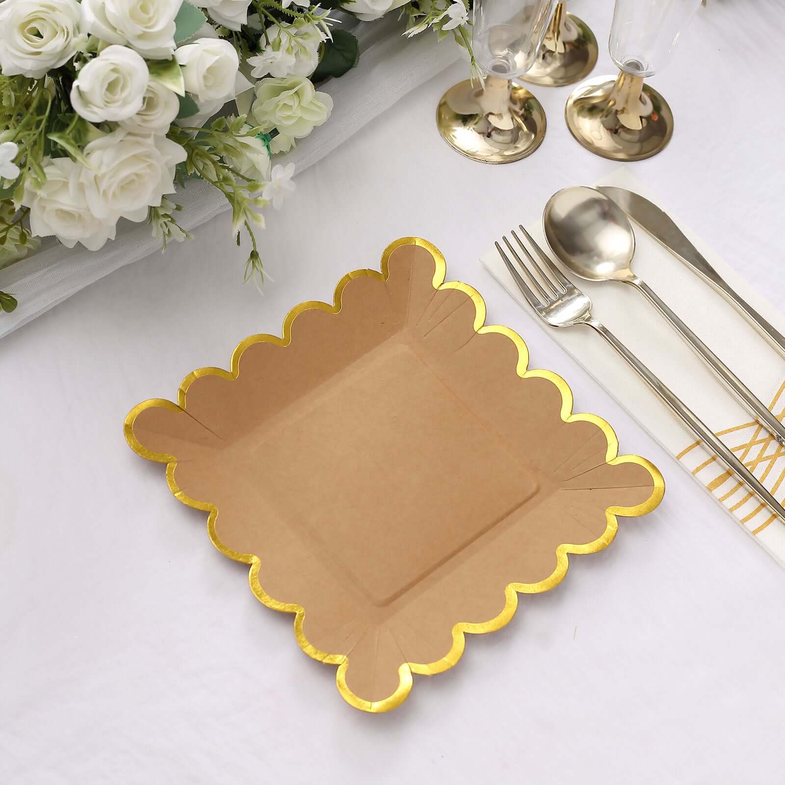 25-Pack Paper 7" Square Dessert Plates in Natural Brown with Gold Scalloped Rim - Disposable Salad Appetizer Party Plates for Stylish Outdoor Events & Boho Celebrations