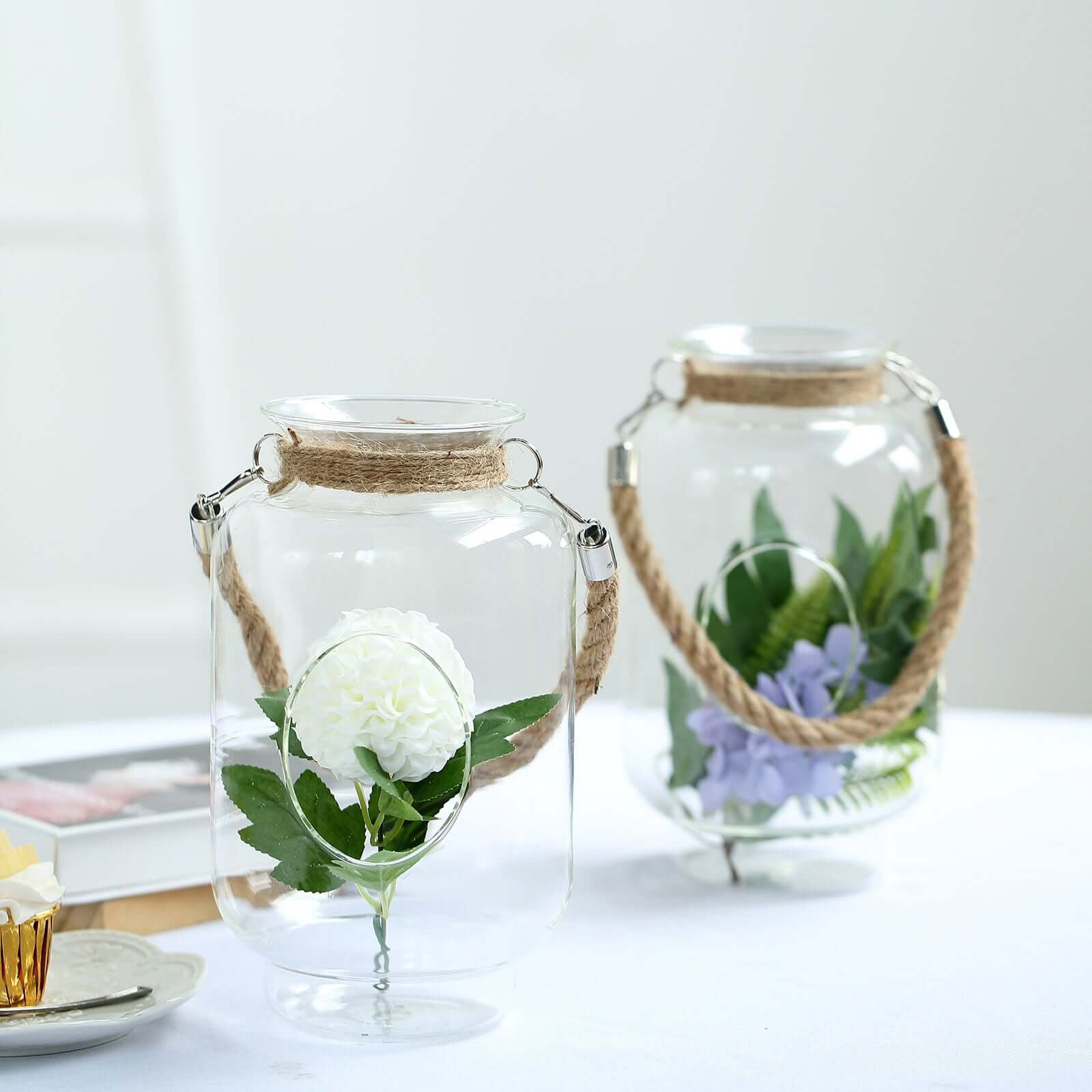 2-Pack Glass Vase Jars Clear with Twine Rope Handle - Rustic Hanging Terrariums for Events 16"