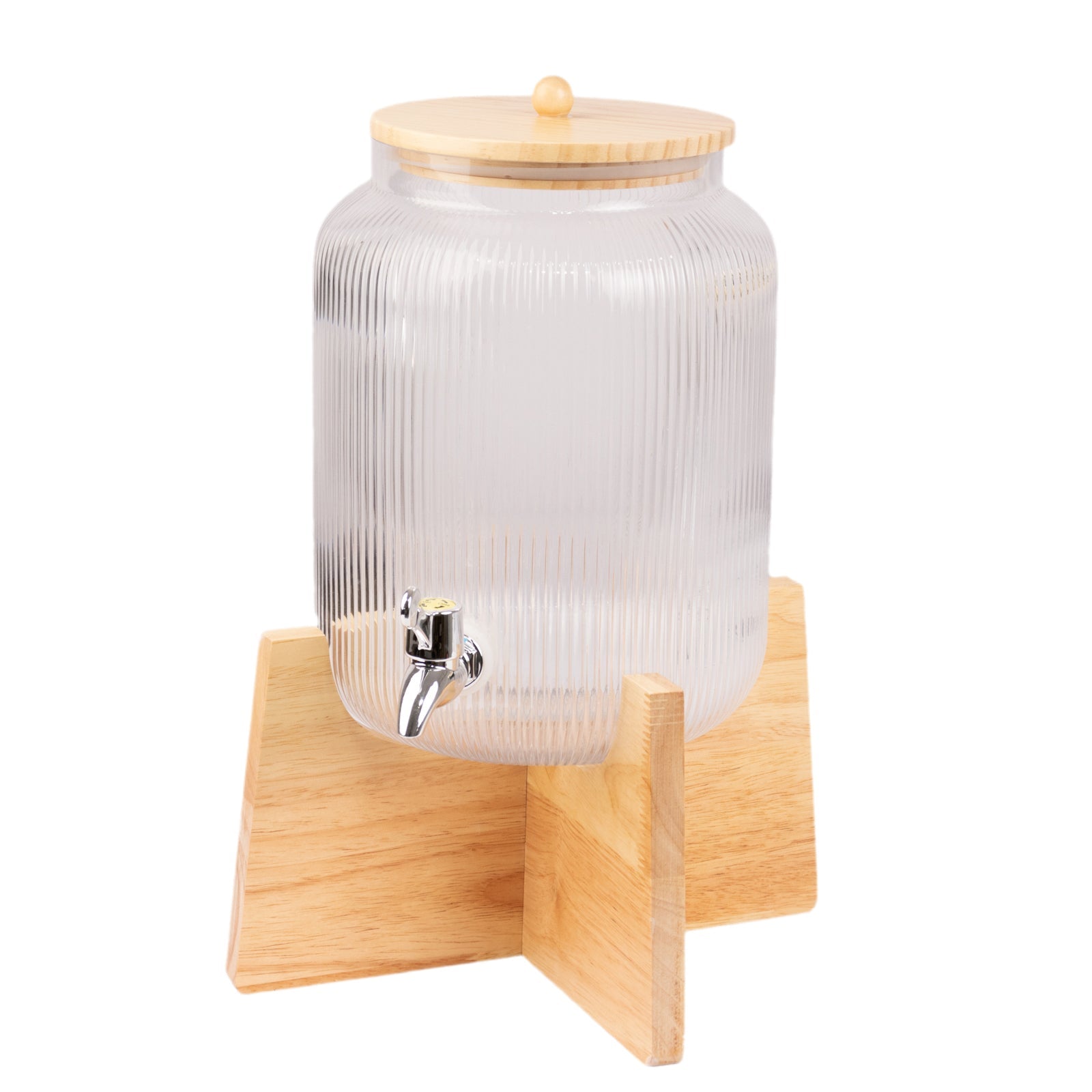 1 Gallon Clear Ribbed Glass Beverage Dispenser, Round Juice Jar with Wooden Stand and Lid - Lead-Free Countertop Feature 14"