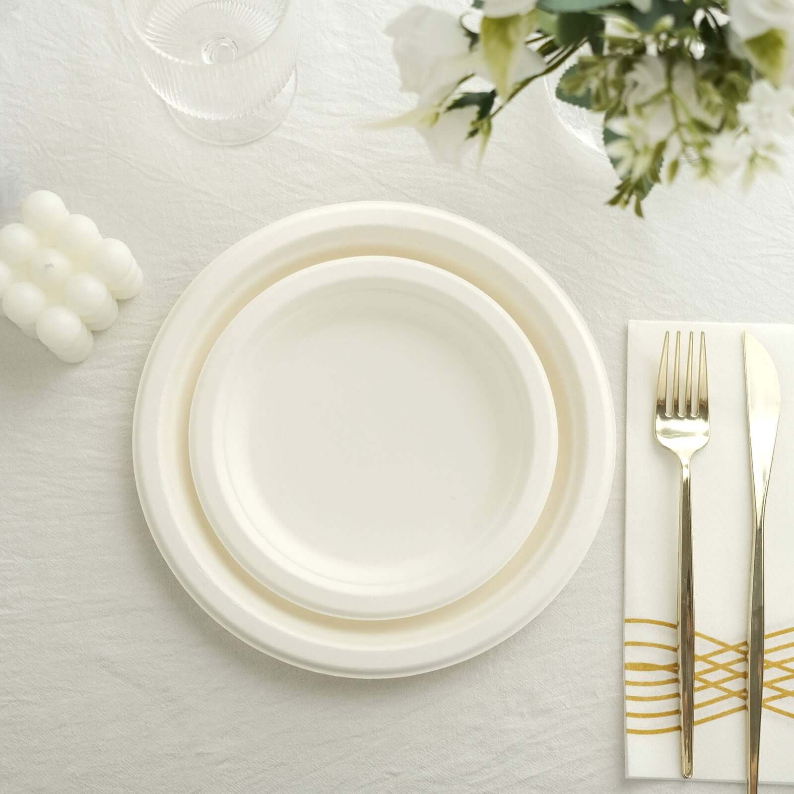 50-Pack Bagasse 9" Round Dinner Plates in White Biodegradable - Biodegradable Disposable Sugarcane Party Plates for Outdoor Celebrations & Picnics