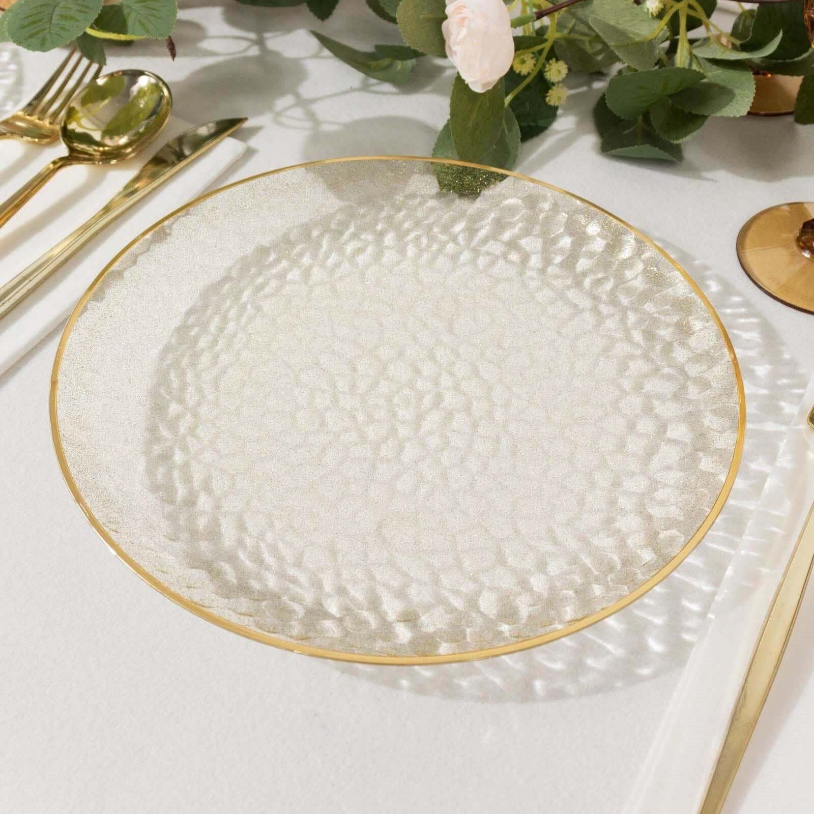 10-Pack Plastic 9" Round Dinner Plates in Clear Gold Glittered Hammered Design with Gold Rim - Modern Disposable Party Plates