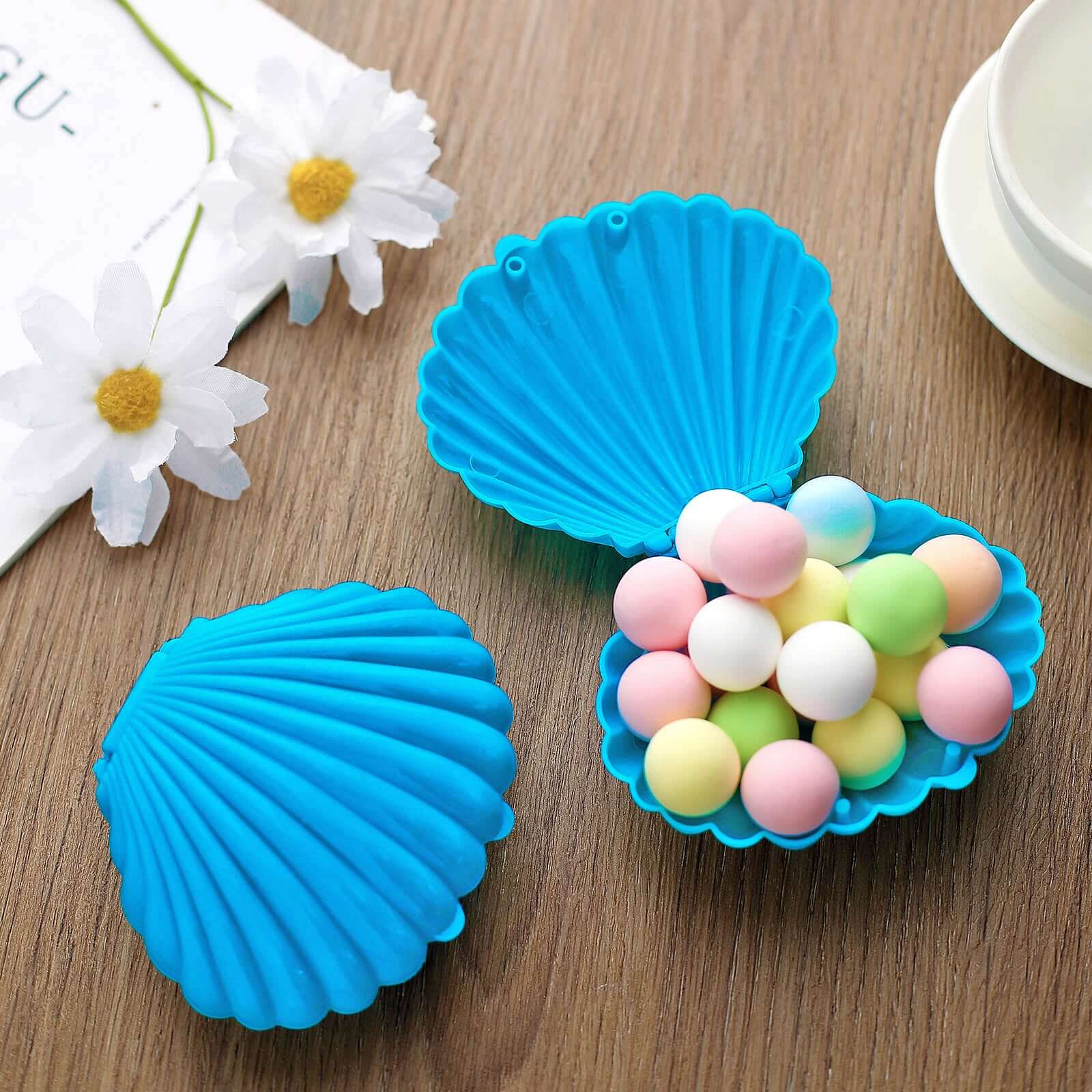 12-Pack Seashell Candy Container Gift Boxes Light Blue Beach Theme - Decorative Mini Favor Boxes for Jewelry 3.5"