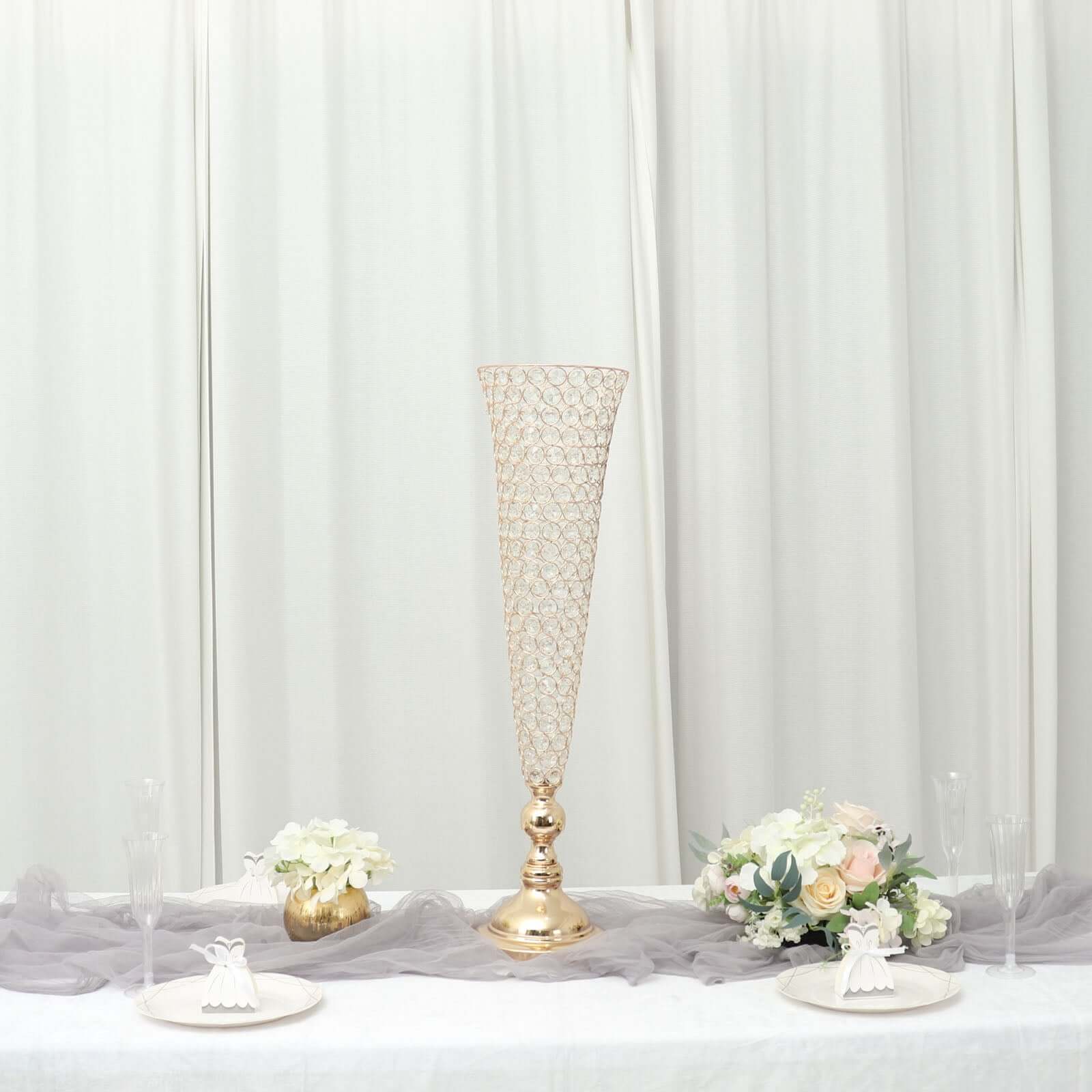 2-Pack Crystal Beaded Trumpet Vase Set Gold - Table Centerpiece for Weddings and Events 32"