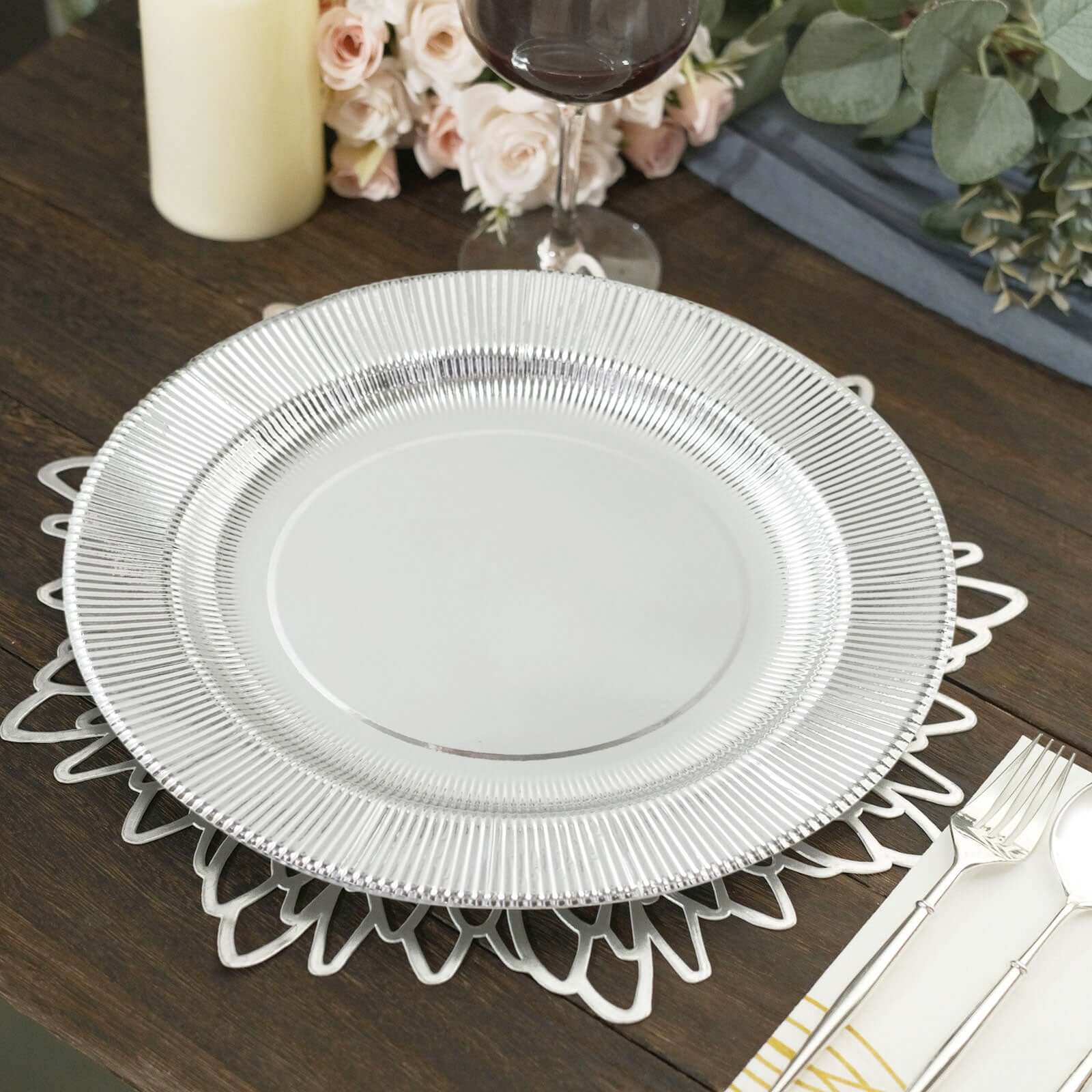 25-Pack Paper 10" Round Dinner Plates in Metallic Silver Sunray Design - Disposable Heavy Duty 350GSM Party Plates