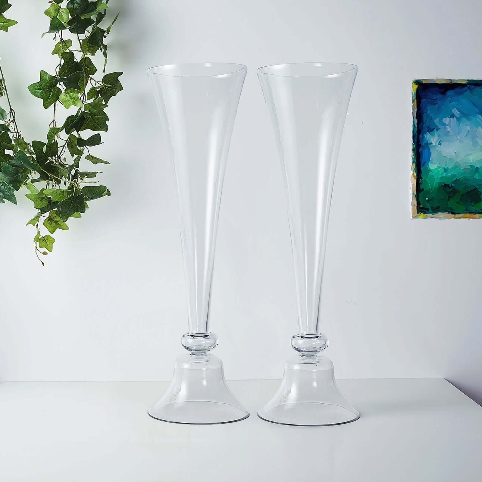 Set of 2 Glass Trumpet Vases Reversible Clarinet Style Clear - Stylish Flower Centerpieces for Events 32"