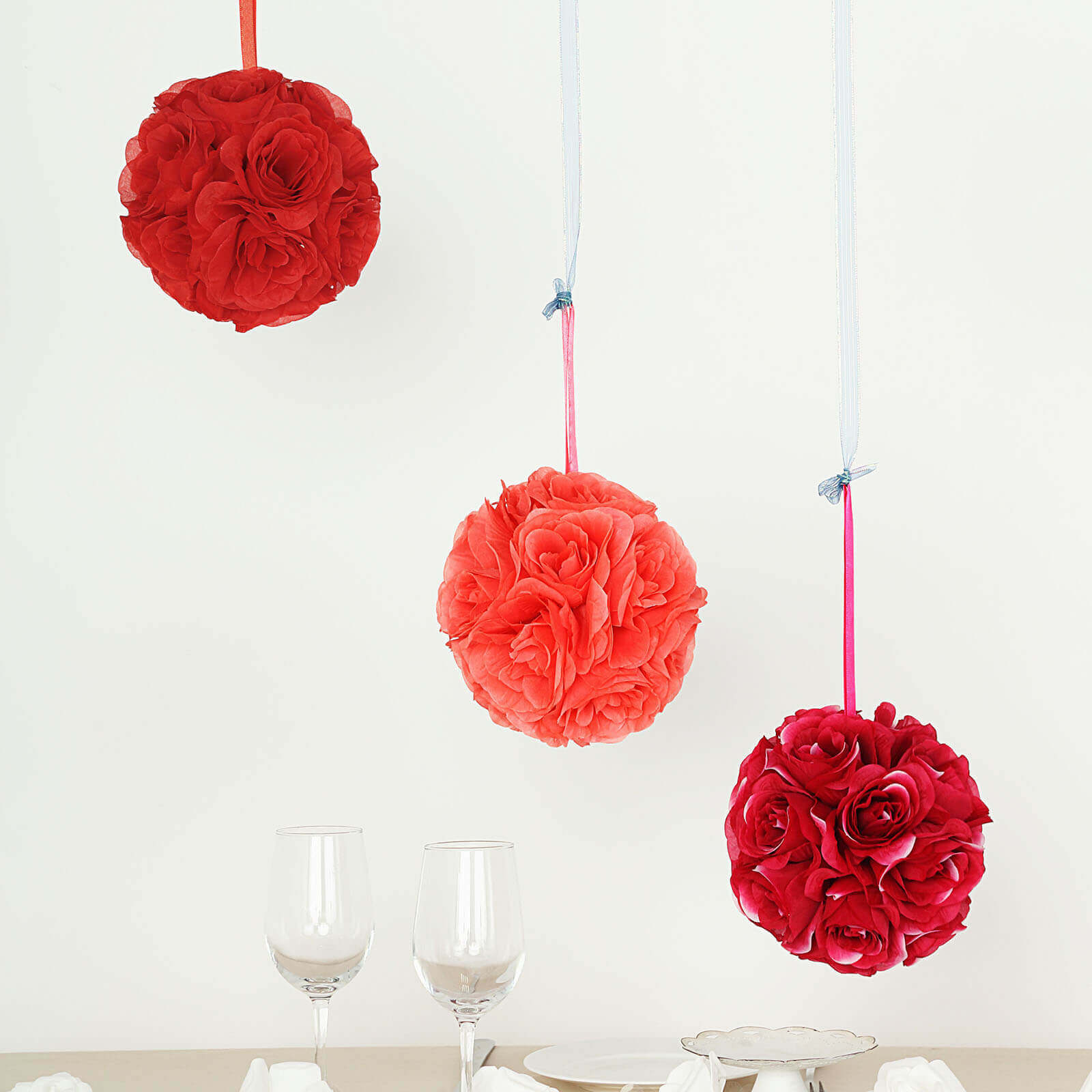 2 Pack 7" Red Artificial Silk Rose Kissing Ball, Faux Flower Ball