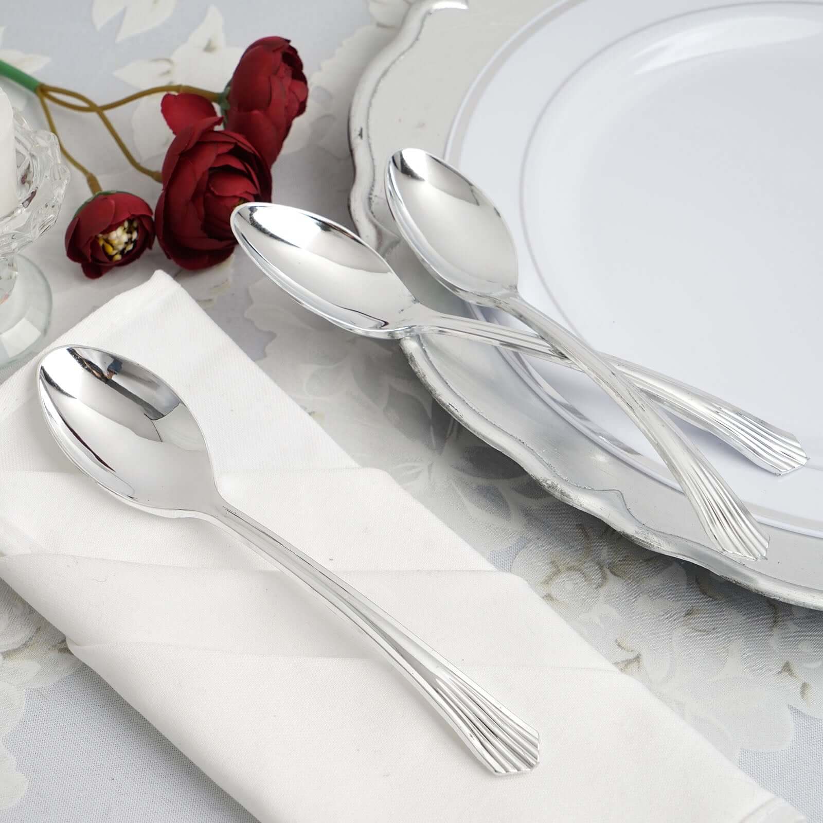 25-Pack Plastic Spoons Silver Heavy Duty with Fluted Handles - Reliable Disposable Cutlery 7"
