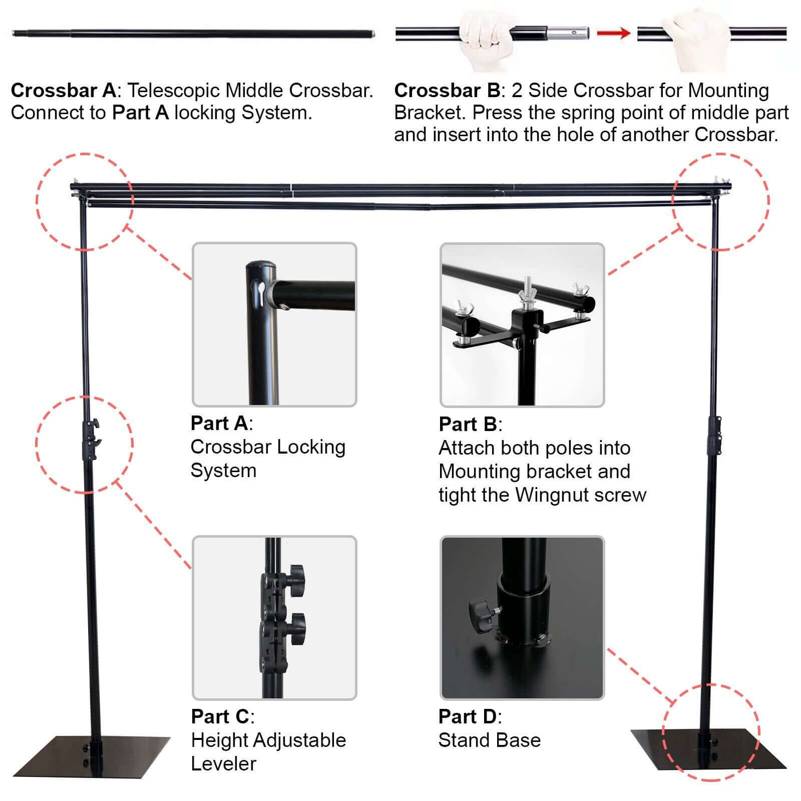 10ft DIY Triple Cross Bars and Mounting Brackets For Backdrop Stands