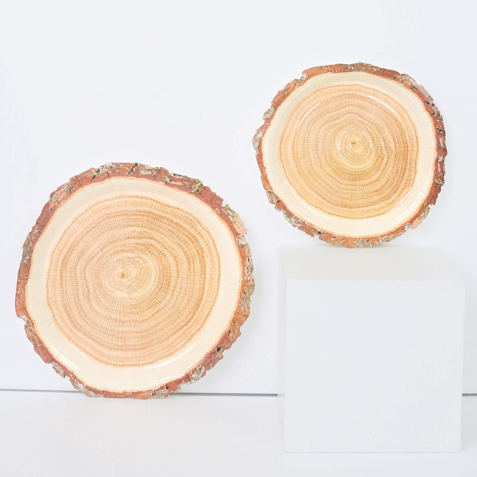 25-Pack Paper 7" Round Dessert Plates in Natural Wood Slice Print - Disposable Appetizer Salad Plates for Rustic Farmhouse Style Events