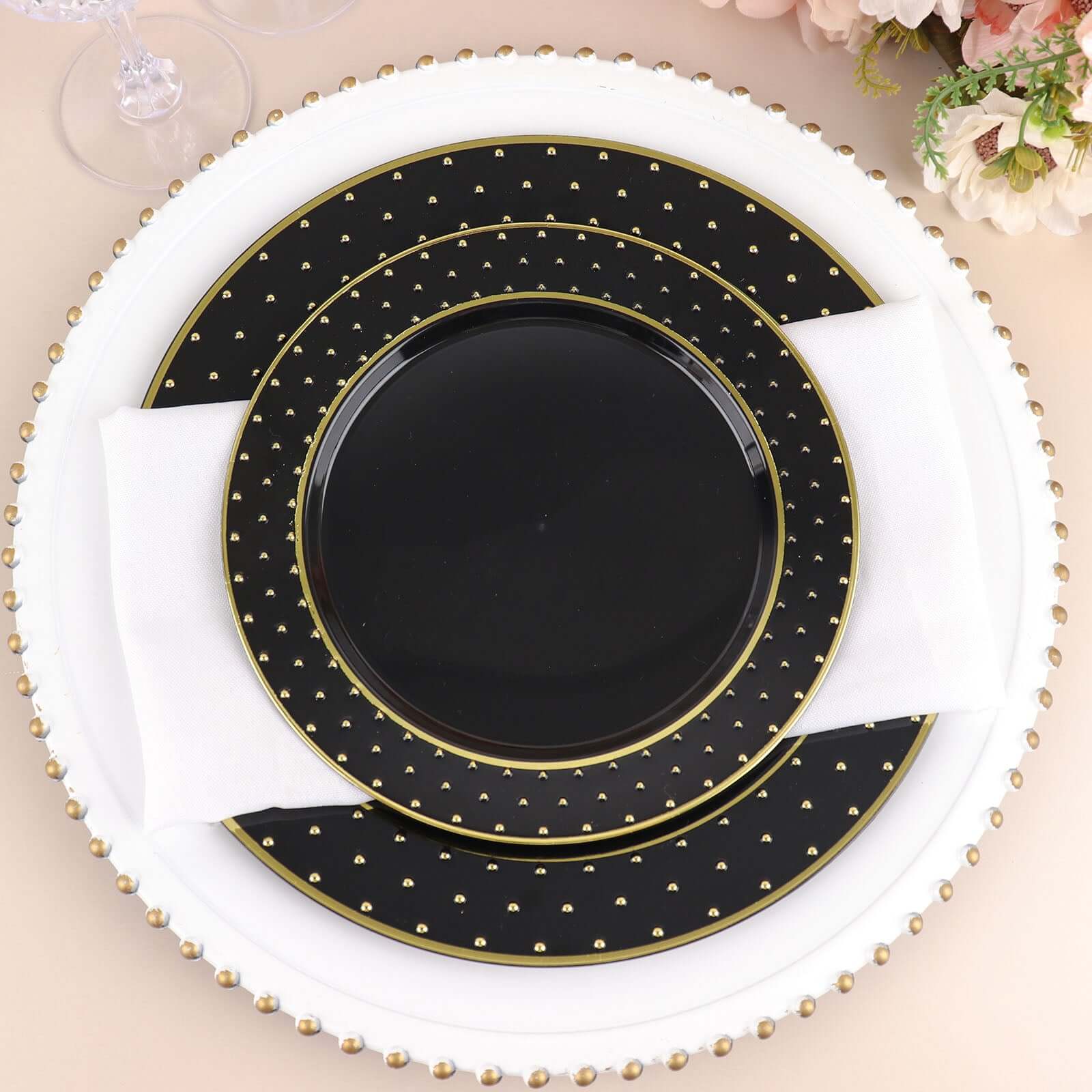 10-Pack Plastic 7.5" Round Dessert Plates in Black with Gold 3D Polka Dotted Rim - Durable Disposable Appetizer Salad Plates for Modern Themed Events & Banquets