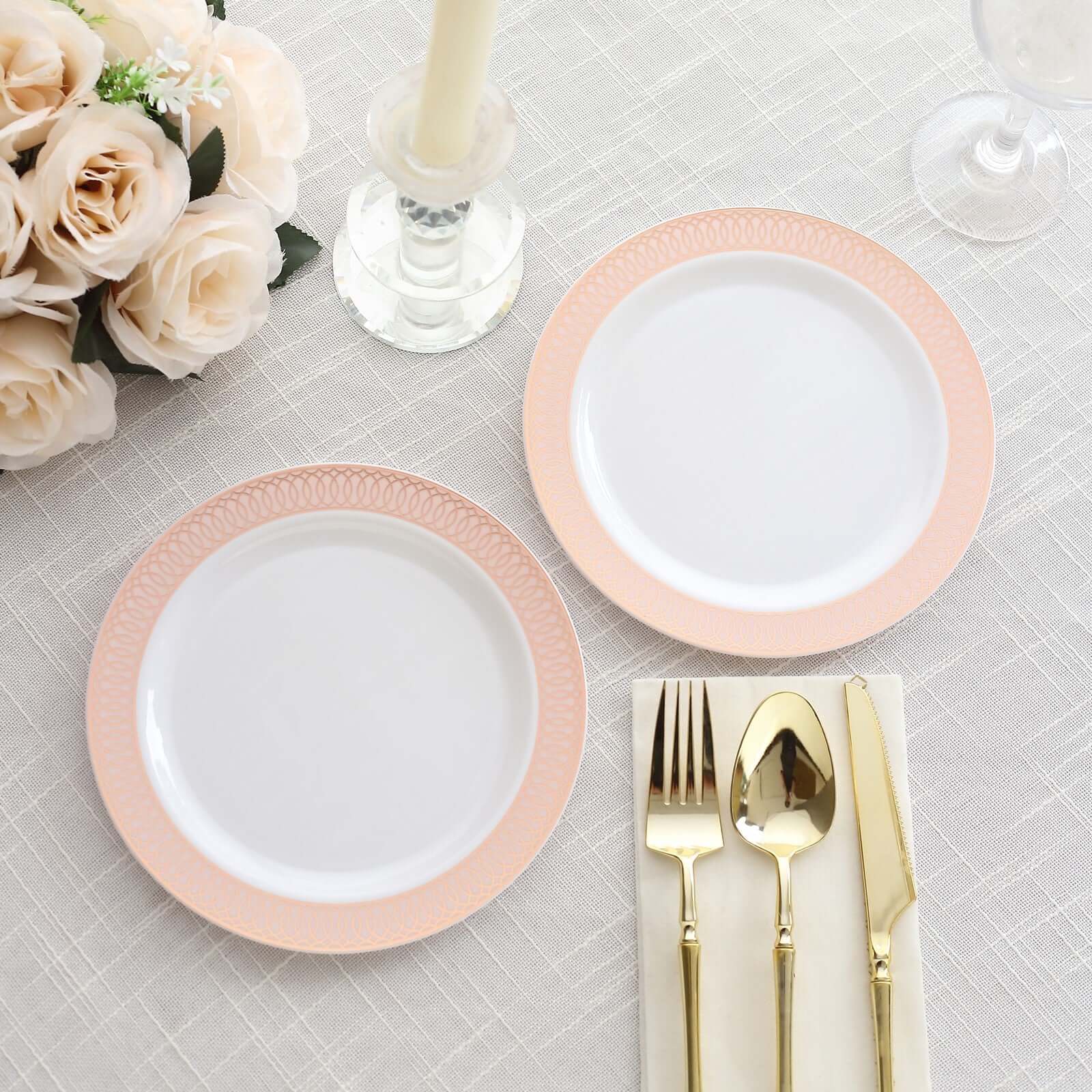 10-Pack Plastic Round Dessert Plates 7" White with Blush Rose Gold Spiral Rim - Chic Disposable Salad Plates for Events & Banquets