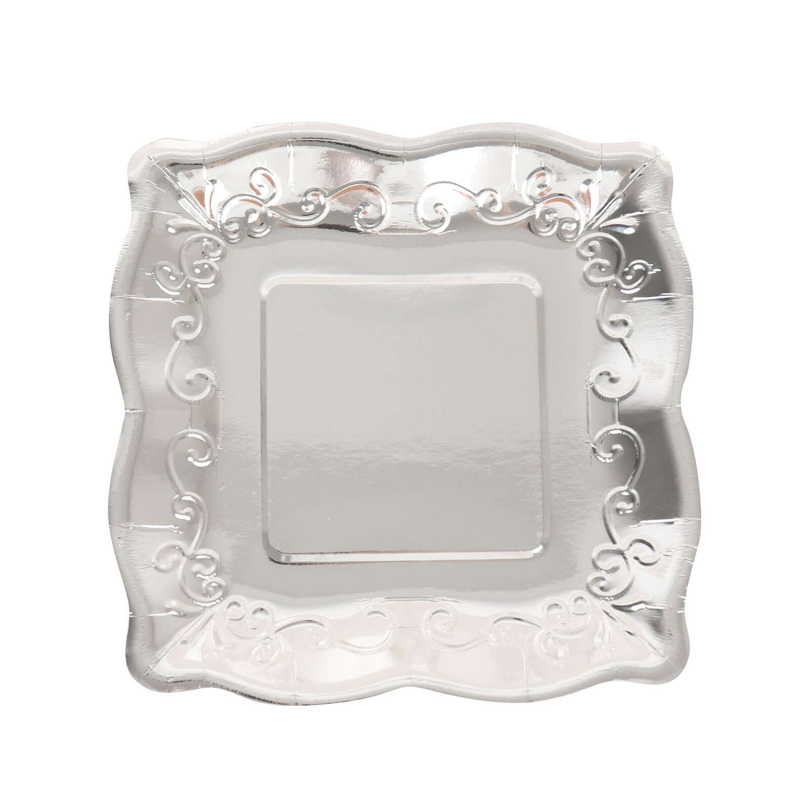 25-Pack Paper 7" Square Dessert Plates in Silver with Vintage Pottery Embossed Design - Shiny Metallic Disposable Appetizer Plates