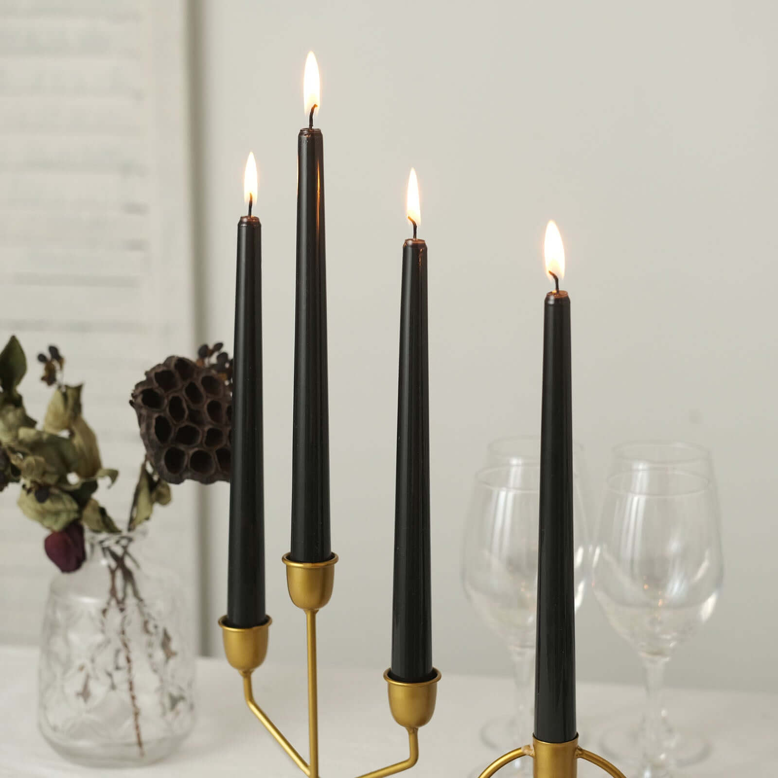 12-Pack Taper Candles Premium Wax Design Black - Unscented Candles for Upscale Settings 10"
