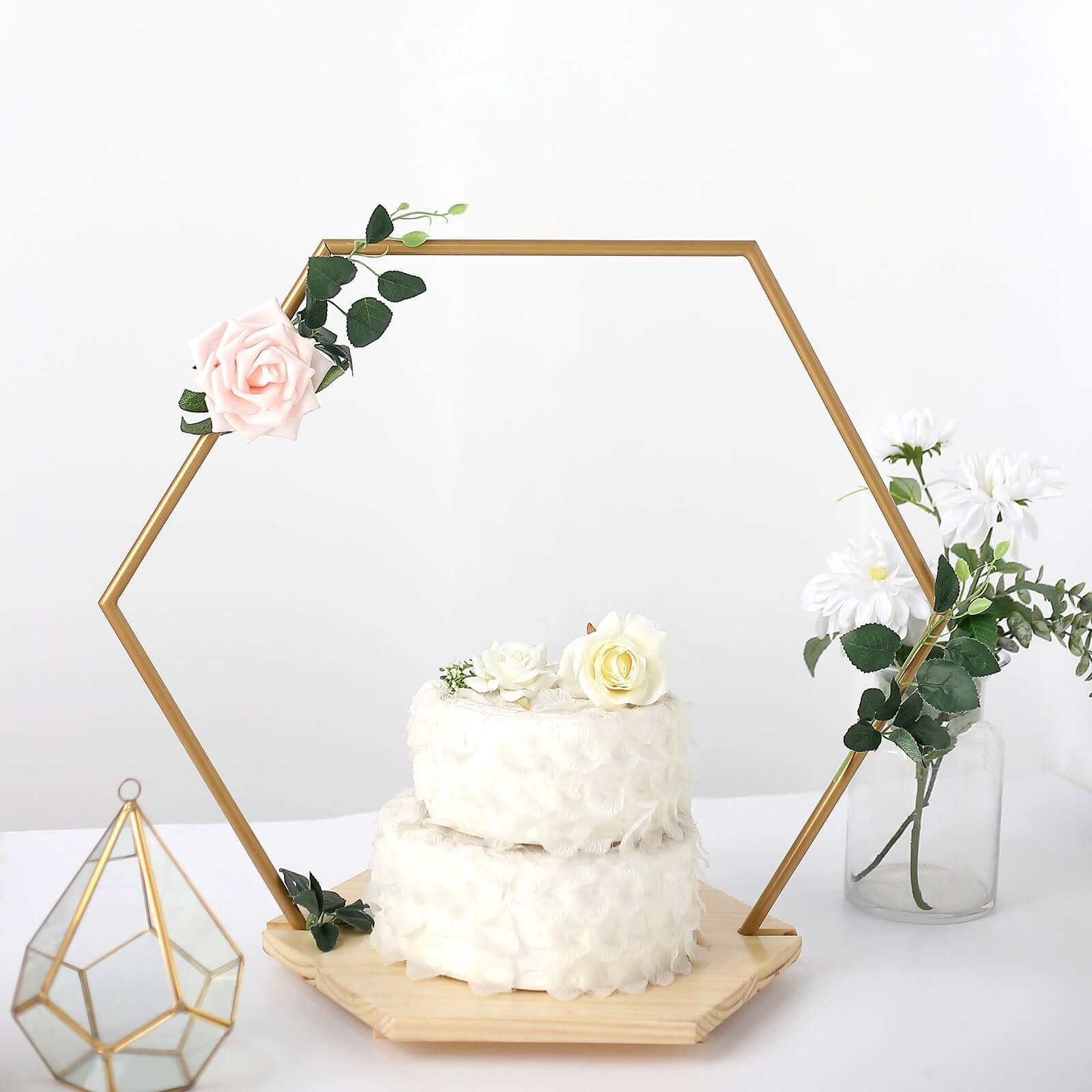 Metal Hexagon Floral Hoop Cake Stand Gold - Chic Geometric Dessert Display DIY Centerpiece Table Decoration With Wooden Base 28"