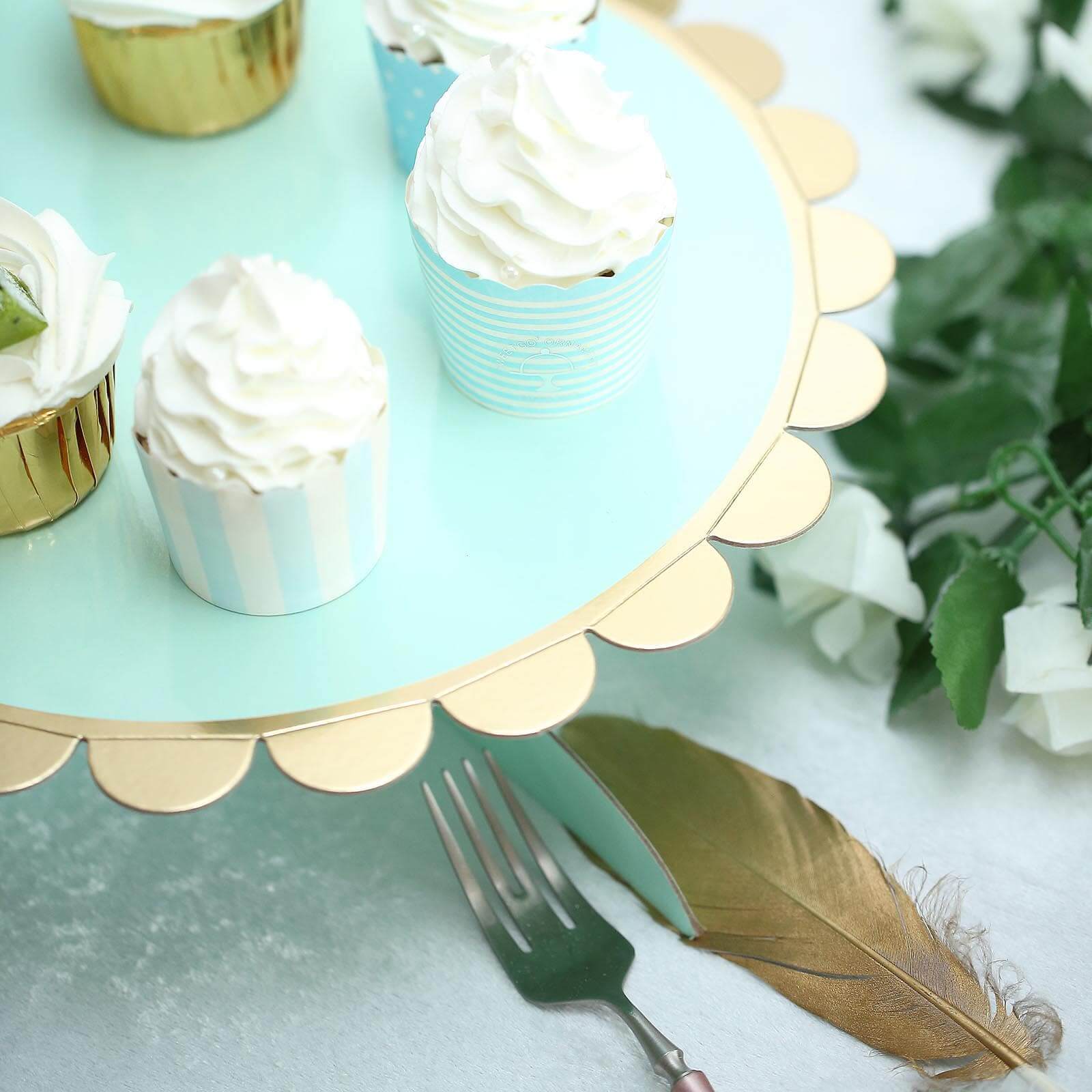 1-Tier Cardboard Cake Stand Mint - Stylish Reusable Cupcake Dessert Holder with Gold Scalloped Rim for Baby Showers Birthdays & Events 13"