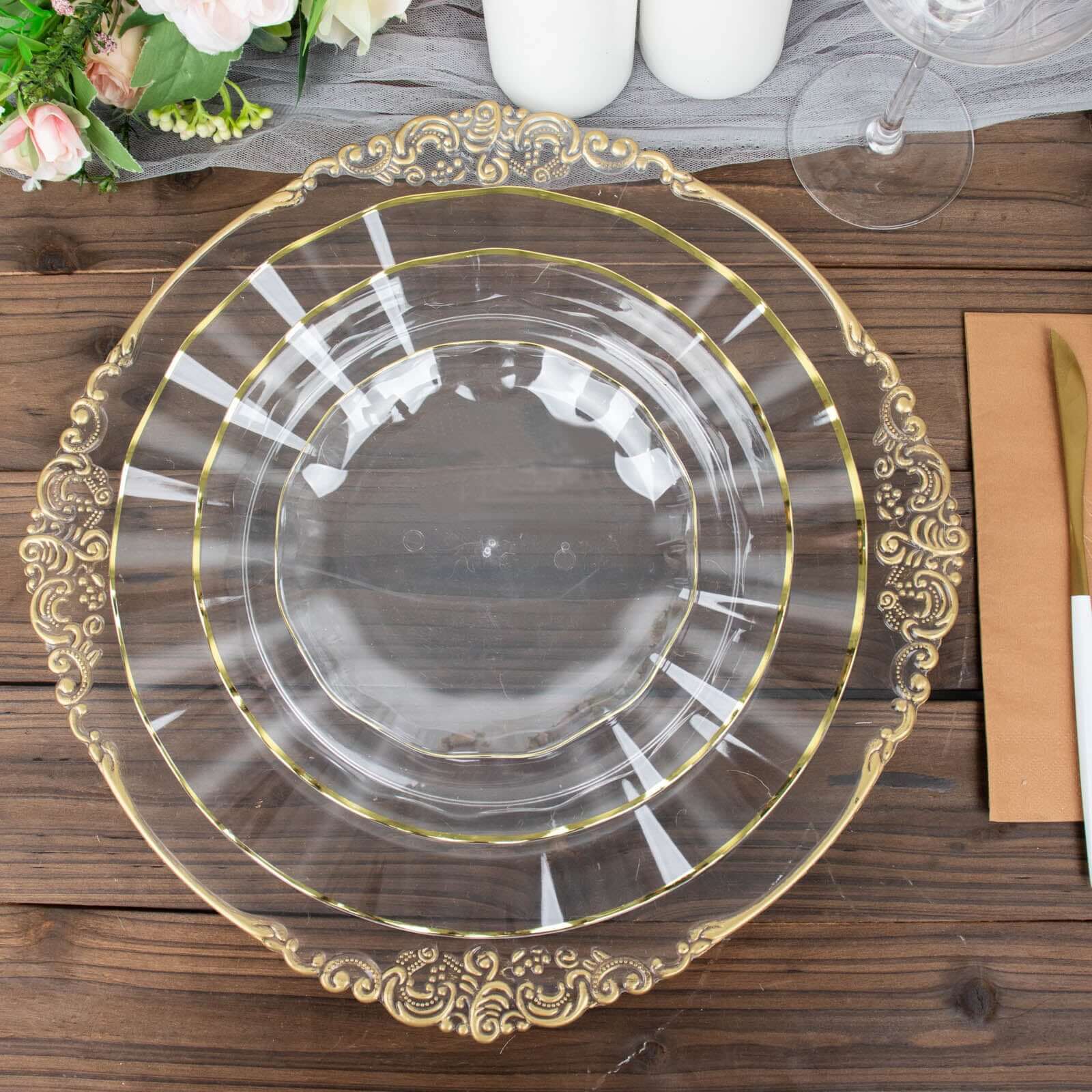 10-Pack Plastic Round 6" Dessert Plates in Clear Ruffled Rim with Gold Edging - Sturdy Disposable Salad Appetizer Dinnerware
