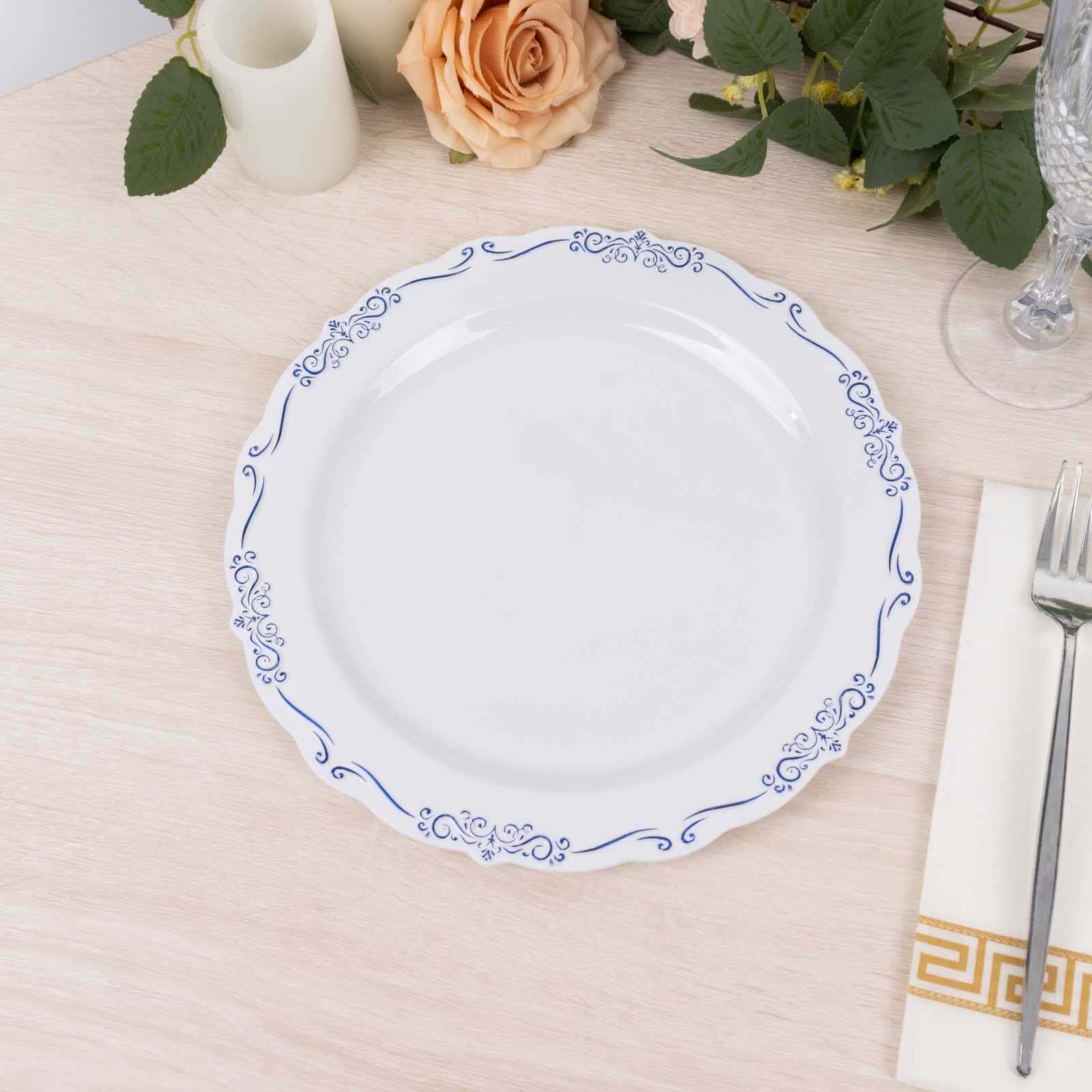 10-Pack Plastic 7" Round Dessert Plates in White with Blue Vintage Embossed Rim - Sturdy Disposable Scalloped Edge Salad Plates