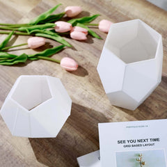 Set of 2 Glass Flower Vases Geometric Design Matte White - Stylish Modern Candle Holder Centerpieces 5", 8"