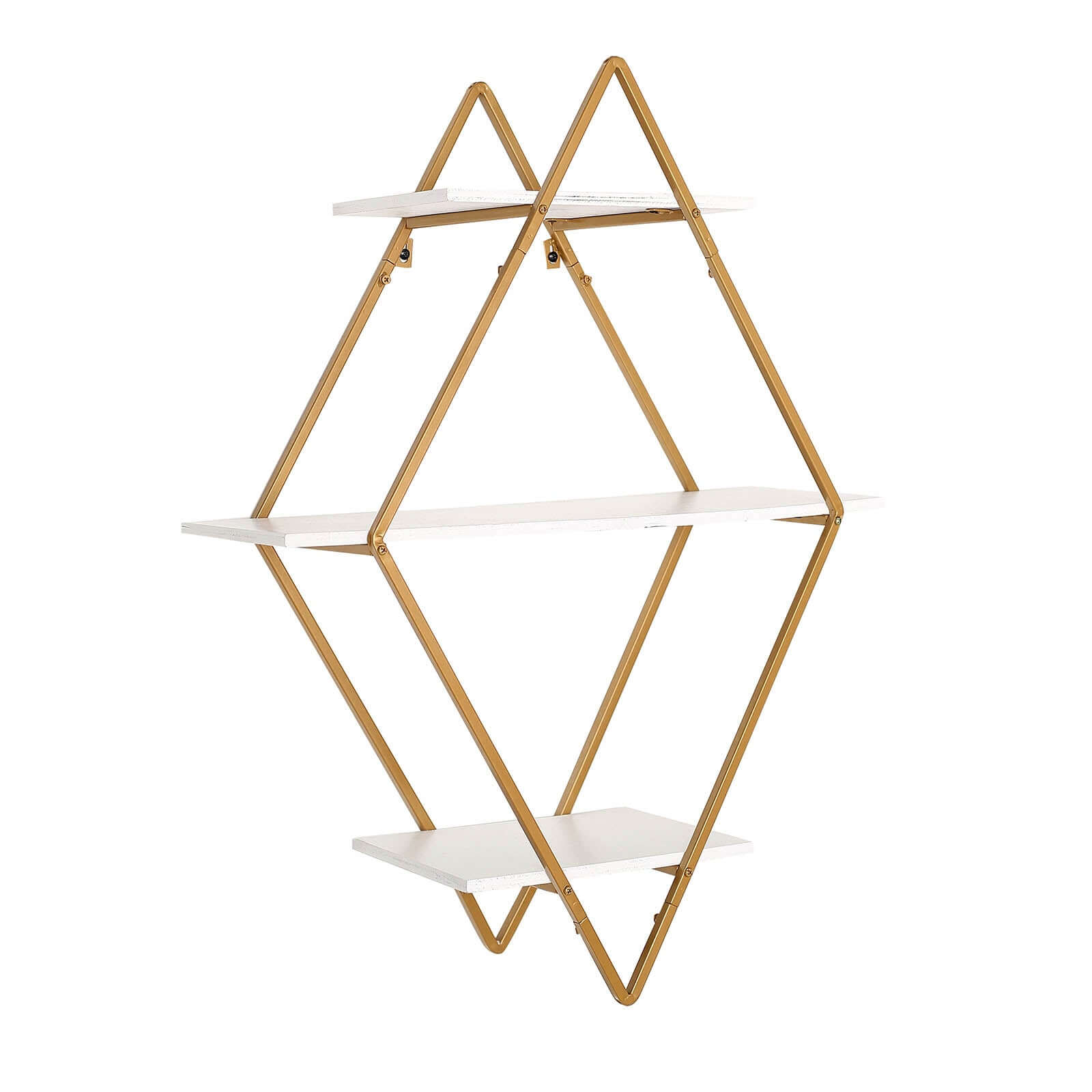 31" Geometric Diamond Shaped 3-Tier Gold Metal Dessert Cupcake Stand Rack, Wall Hanging Display Shelf Display, Book Shelf With White Wood Panels