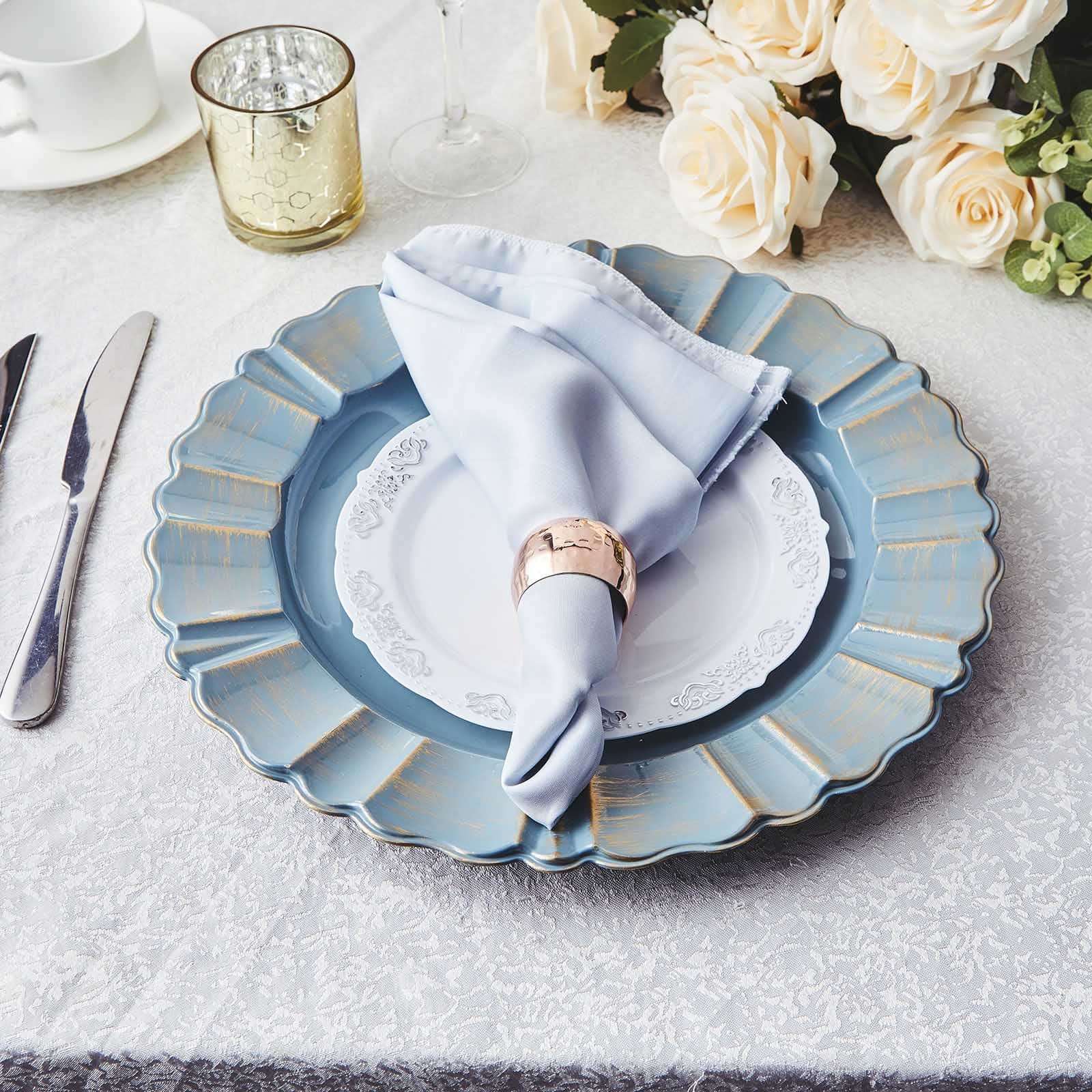 6-Pack Acrylic Plastic Round Charger Plates 13" in Dusty Blue with Gold Brushed Wavy Scalloped Rim, Decorative Dinner Party Charger Tableware