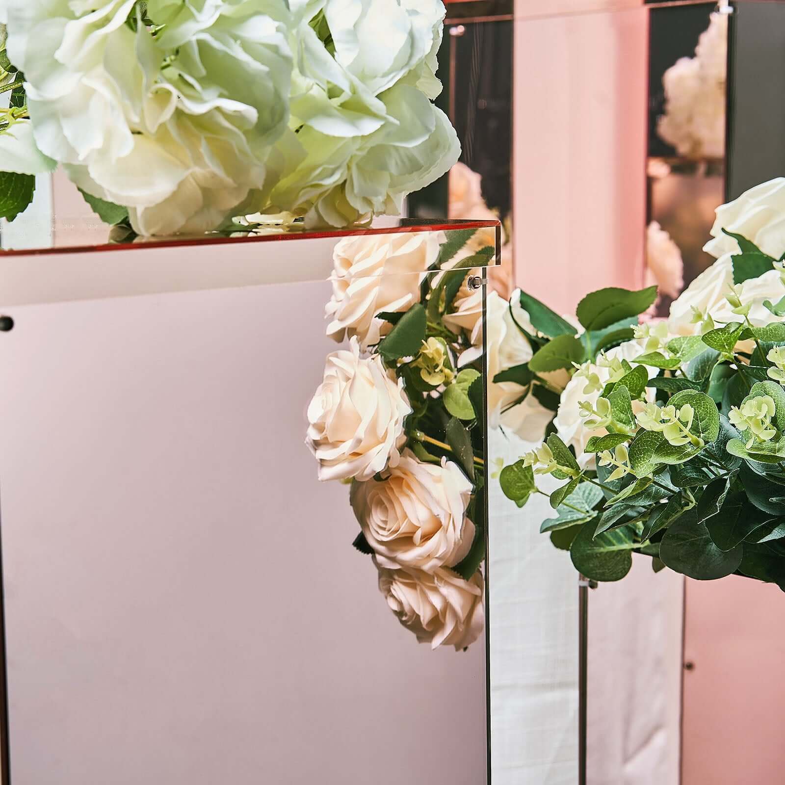 Set of 5 Rose Gold Mirror Finish Acrylic Display Boxes, Pedestal Risers with Interchangeable Lid and Base - 12",16",24",32",40"