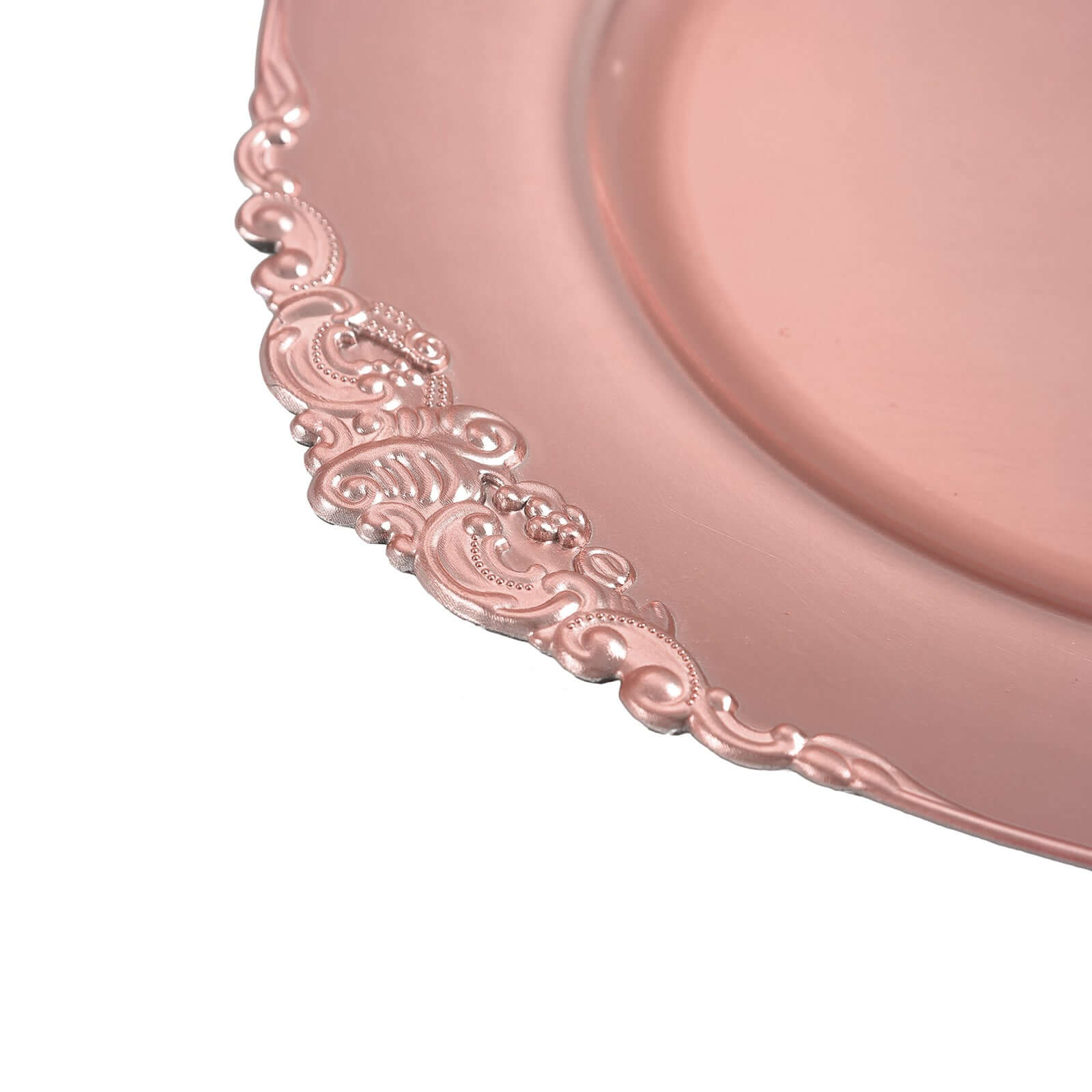 6-Pack Acrylic Round Charger Plates 13" in Rose Gold with Embossed Baroque Rim, Antique Decorative Dinner Party Charger Tableware