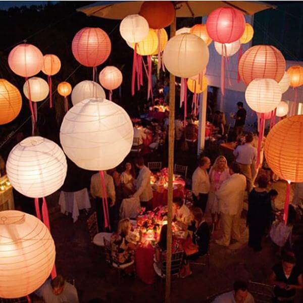 Set of 6 Gold Hanging Paper Lanterns, Chinese Sky Lanterns, Assorted Sizes - 16", 20", 24"