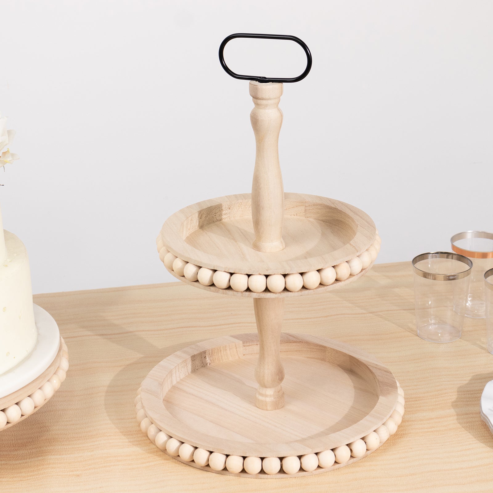 2-Tier Wooden Serving Tray Stand Beaded Design with Metal Handle Natural - Round Rustic Farmhouse Cupcake Display 17"