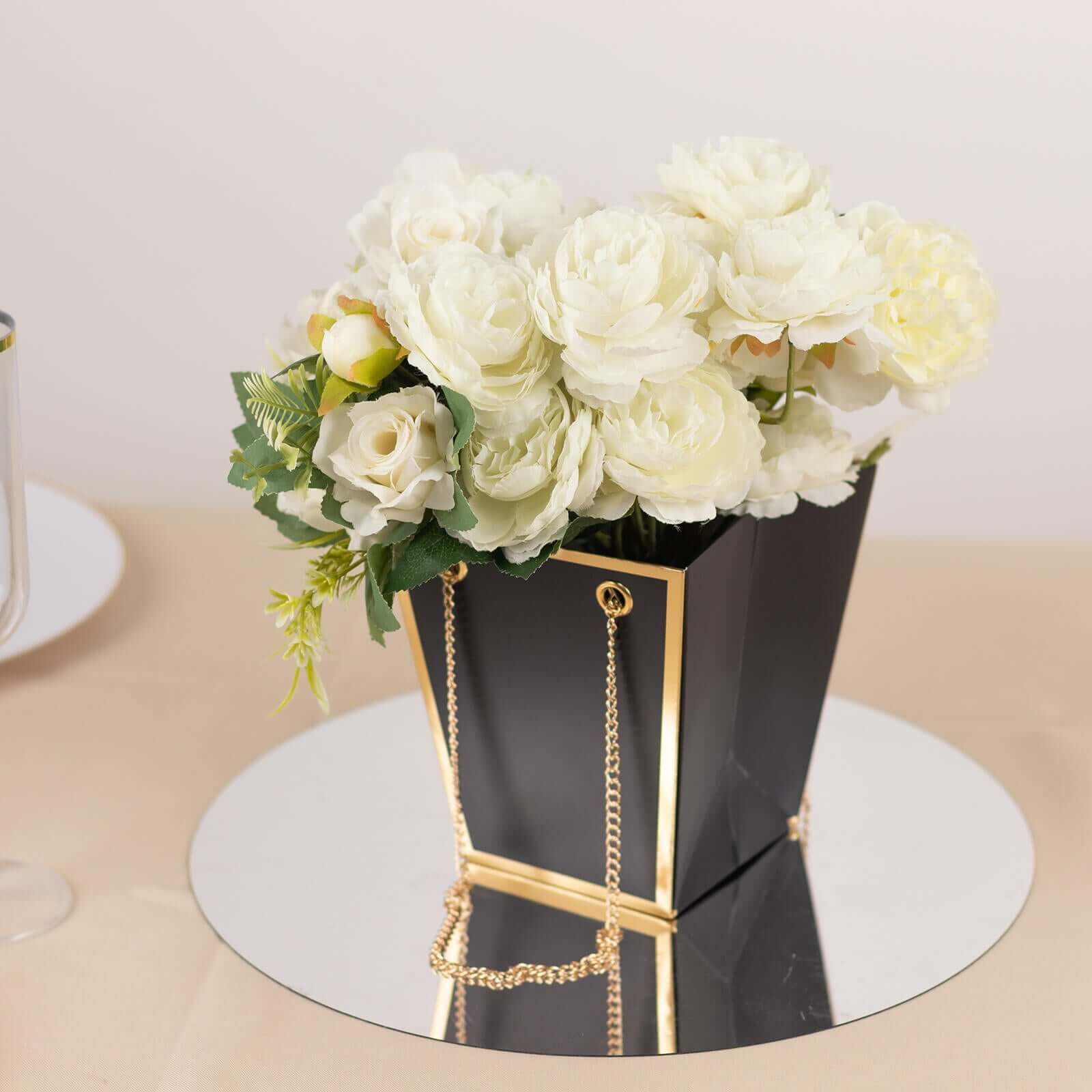 6 Pack Black Gold Edge Paper Flower Gift Bags With Metal Chain Handles, Trapezoid Party Favor Tote Bags - 5"x6"