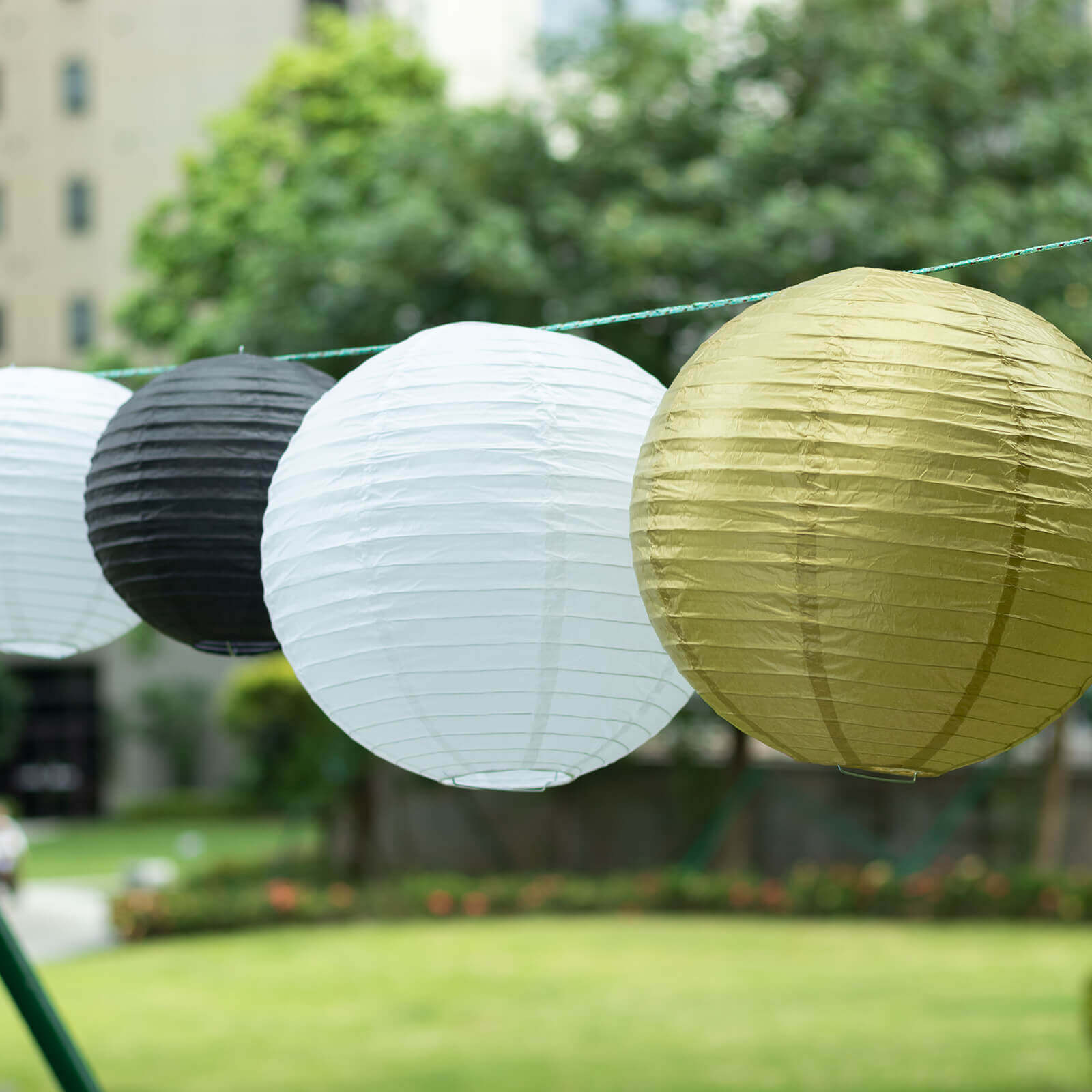 Set of 8 Mixed Black Gold Hanging Paper Lanterns, Decorative Round Chinese Sky Lanterns, Assorted Sizes - 6",8",10",14"