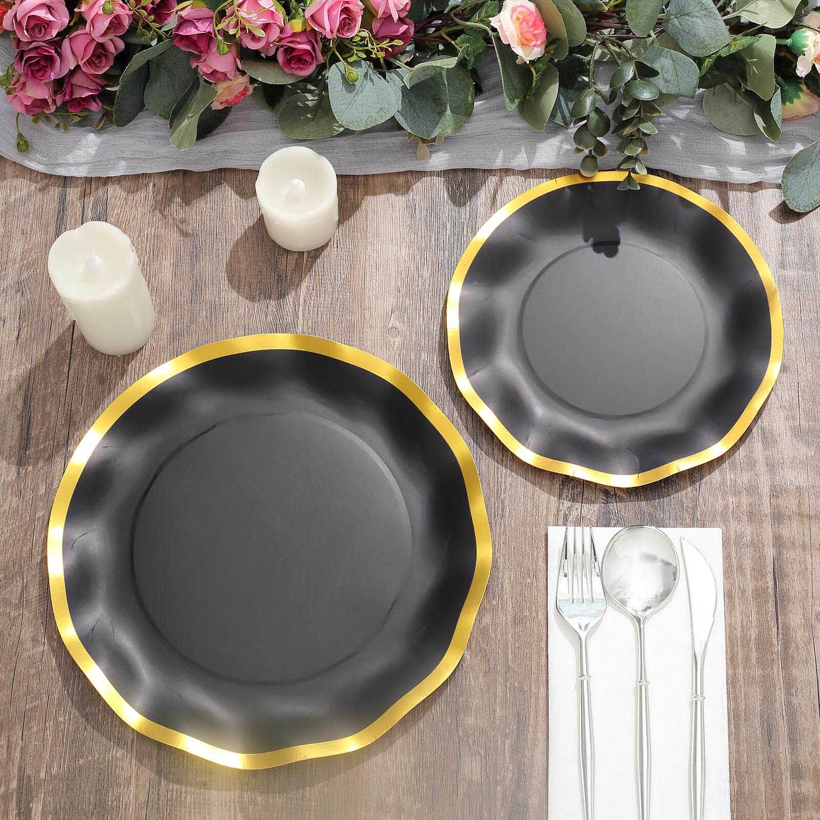 25-Pack Paper Round Dinner Plates 10" Matte Black with Gold Wavy Rim - Disposable 350GSM Party Plates